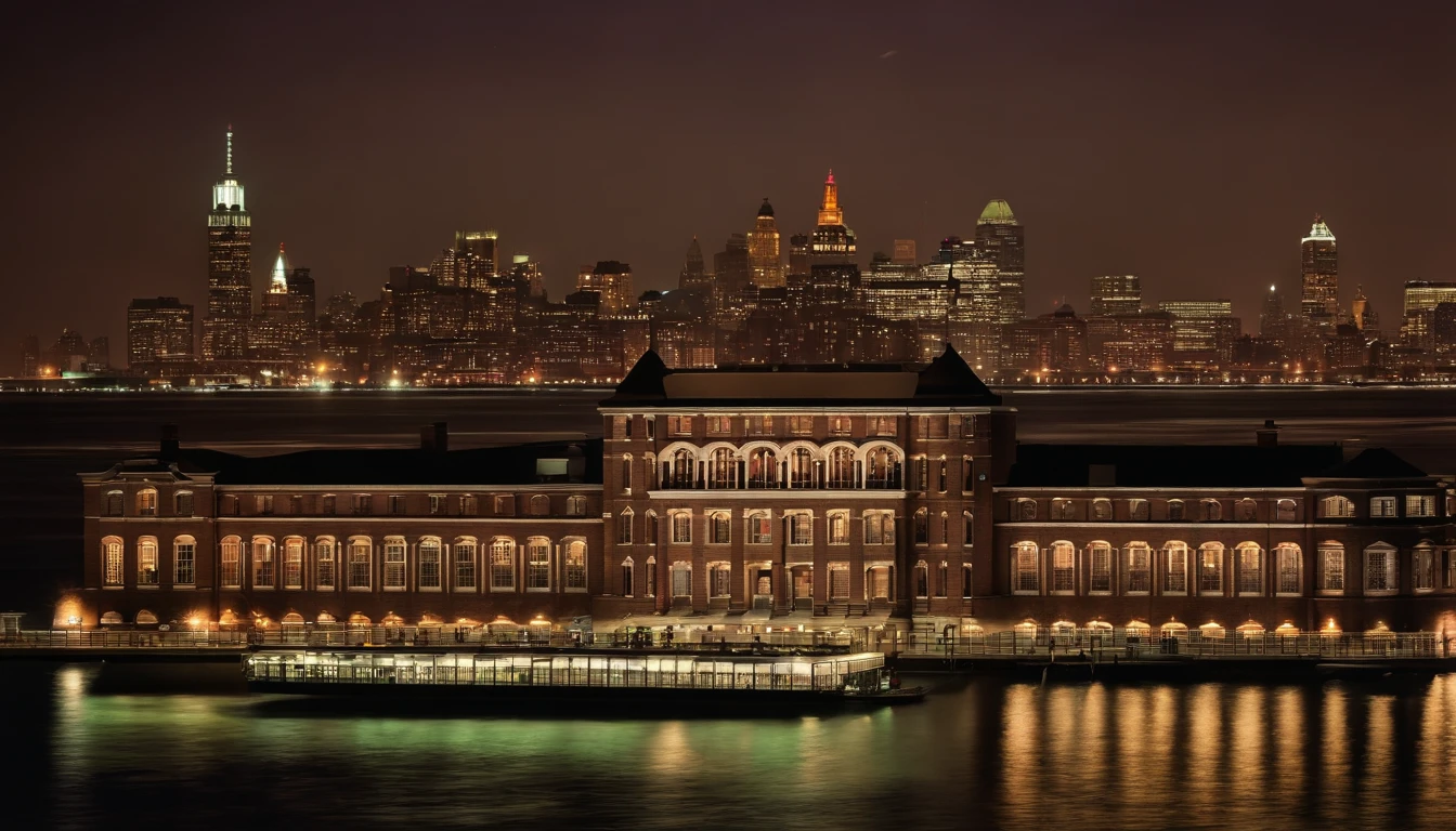 ellis island at midnight, skyline in background