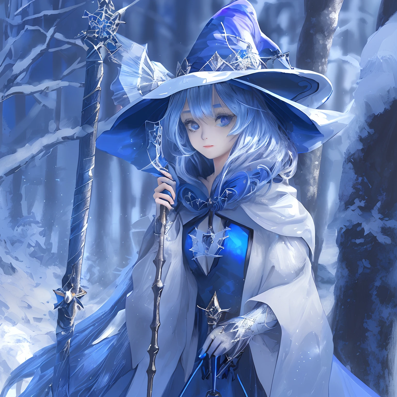 1girl, humanoid witch, blue and white robe, blue and white hat, silver ornaments, magical staff, purple colored right eye, blue colored left eye, snowy forest, anime fantasy style