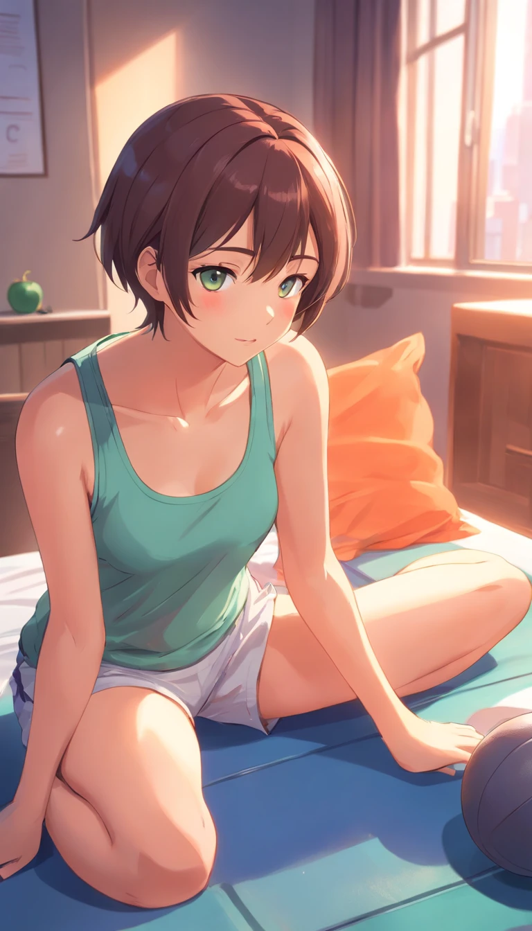 Gym clothes are girls。Play sports。a pixie cut、cum overflow,Sweat,Female masturbation, on the beds,Spread legs