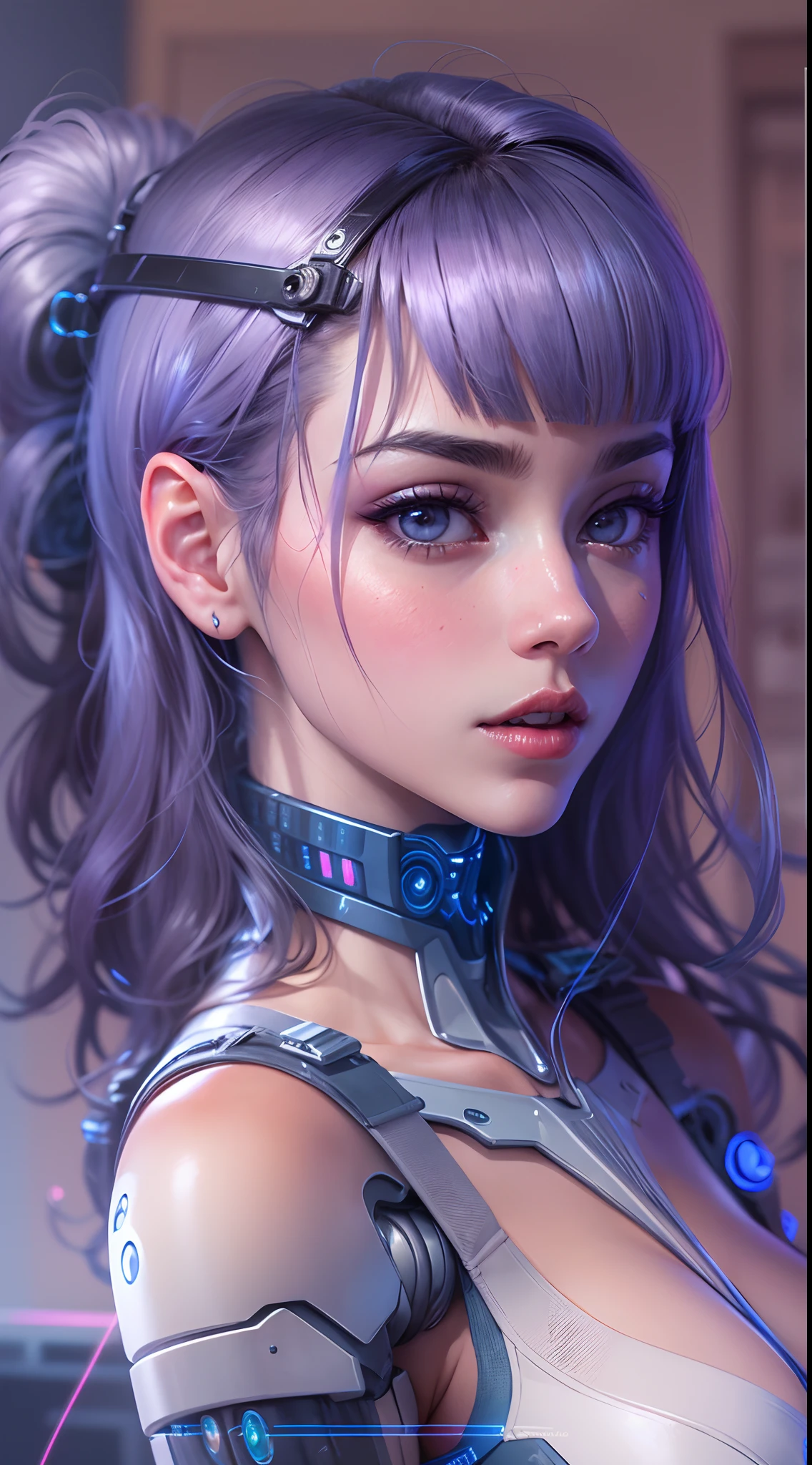 motor irreal:1.4,UHD,La mejor calidad:1.4, fotorrealista:1.4, textura de la piel:1.4, Create an extraordinary 8K masterpiece with the facial portrait of an 18-year-old anime girl. Ella posee llamativos ojos azules y largos, Cabello morado lavanda claro de dos tonos. Her overall appearance exudes a gamer girl aesthetic, and it's white latex ,(cyborg hembra:1.4), creando un ambiente inspirado en el cyberpunk. The entire room should be illuminated with neon purple light, No visible room details, excepto por el brillo vibrante. This setting creates a blurred background effect that enhances the overall environment. El maquillaje del personaje debe ser meticulosamente elaborado, with impeccable red lipstick, lashes, y ojos ultra detallados. Pay special attention to the ultra-detailed face, labios, and the unique hair intakes that make it distinctive. Her very long hair should be a prominent feature in this portrait...................., Enhanced by cinematic lighting to accentuate its eye-catching features. Add a touch of mystique to the artwork by including an ancient scroll with the words 'ME♡XO' written on it, Held or prominently displayed within the composition. Este pergamino debe ser un elemento clave del retrato. Los ojos del personaje deben emitir un brillo azul cautivador, alinearse perfectamente con el tema gamer. El resultado final debe ser una verdadera obra maestra, enfatizando detalles sorprendentes en este retrato facial 8K. It must capture the essence of a unique and stern anime player girl while focusing solely on her face...................., with the entire room illuminated by neon purple light. (Laboratorio marte planeta:1.4) 8k, 。...............................................3D, realista, Ultra Micro Photography, of the highest quality, Super detalle CG Unity 8k,Cara perfecta