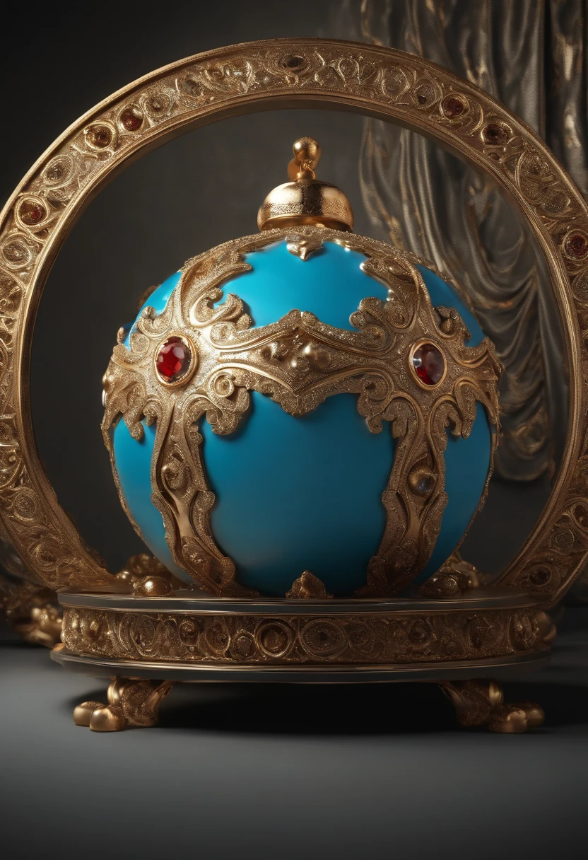imagem renderizada 3d, bola de natal pendurada, Ball surface in white and blue color, exibir a bola inteira, apenas uma bola, bola centralizada, detalhes florais, detalhes em cores dourada, vermelha e azul, algumas pedras incrustadas, detalhes em alto relevo, sharpened details, detalhes bem iluminados, qualidade 4k, primeiro plano em destaque sem desfoque, fundo do quadro em cor preta, quadro principal com fundo desfocado
