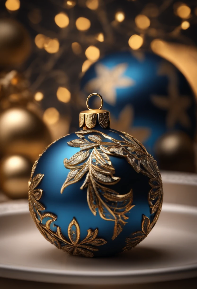 imagem renderizada 3d, bola de natal pendurada, Ball surface in white and blue color, exibir a bola inteira, apenas uma bola, bola centralizada, detalhes florais, detalhes em cores dourada, vermelha e azul, algumas pedras incrustadas, detalhes em alto relevo, sharpened details, detalhes bem iluminados, qualidade 4k, primeiro plano em destaque sem desfoque, fundo do quadro em cor preta, quadro principal com fundo desfocado