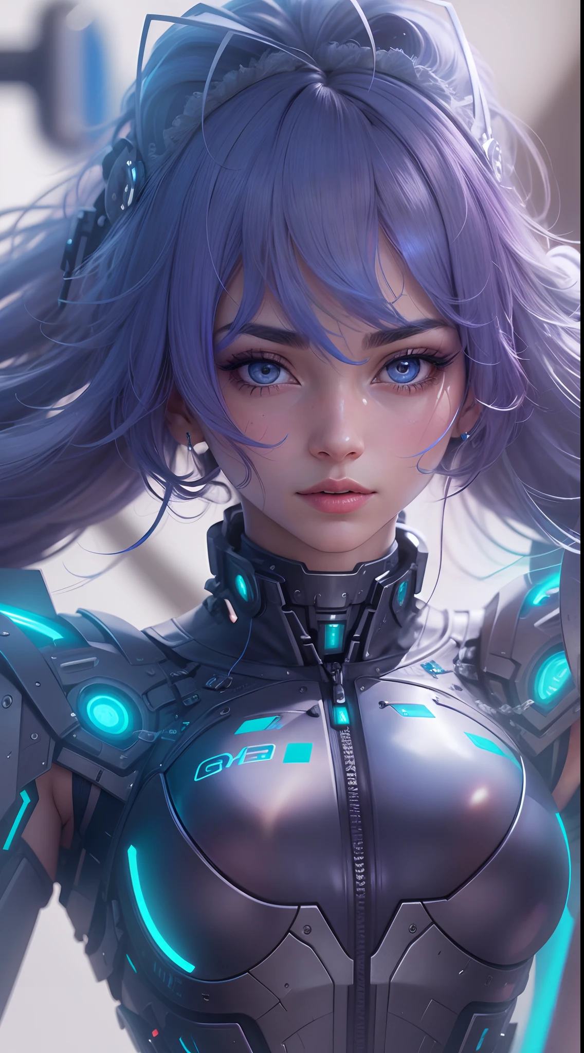 motor irreal:1.4,UHD,La mejor calidad:1.4, fotorrealista:1.4, textura de la piel:1.4, Create an extraordinary 8K masterpiece with the facial portrait of an 18-year-old anime girl. Ella posee llamativos ojos azules y largos, Cabello morado lavanda claro de dos tonos. Her overall appearance exudes a gamer girl aesthetic, and it's white latex ,(cyborg hembra:1.4), creando un ambiente inspirado en el cyberpunk. The entire room should be illuminated with neon purple light, No visible room details, excepto por el brillo vibrante. This setting creates a blurred background effect that enhances the overall environment. El maquillaje del personaje debe ser meticulosamente elaborado, with impeccable red lipstick, lashes, y ojos ultra detallados. Pay special attention to the ultra-detailed face, labios, and the unique hair intakes that make it distinctive. Her very long hair should be a prominent feature in this portrait...................., Enhanced by cinematic lighting to accentuate its eye-catching features. Add a touch of mystique to the artwork by including an ancient scroll with the words 'ME♡XO' written on it, Held or prominently displayed within the composition. Este pergamino debe ser un elemento clave del retrato. Los ojos del personaje deben emitir un brillo azul cautivador, alinearse perfectamente con el tema gamer. El resultado final debe ser una verdadera obra maestra, enfatizando detalles sorprendentes en este retrato facial 8K. It must capture the essence of a unique and stern anime player girl while focusing solely on her face...................., with the entire room illuminated by neon purple light. (Laboratorio marte planeta:1.4) 8k, 。...............................................3D, realista, Ultra Micro Photography, of the highest quality, Super detalle CG Unity 8k,Cara perfecta