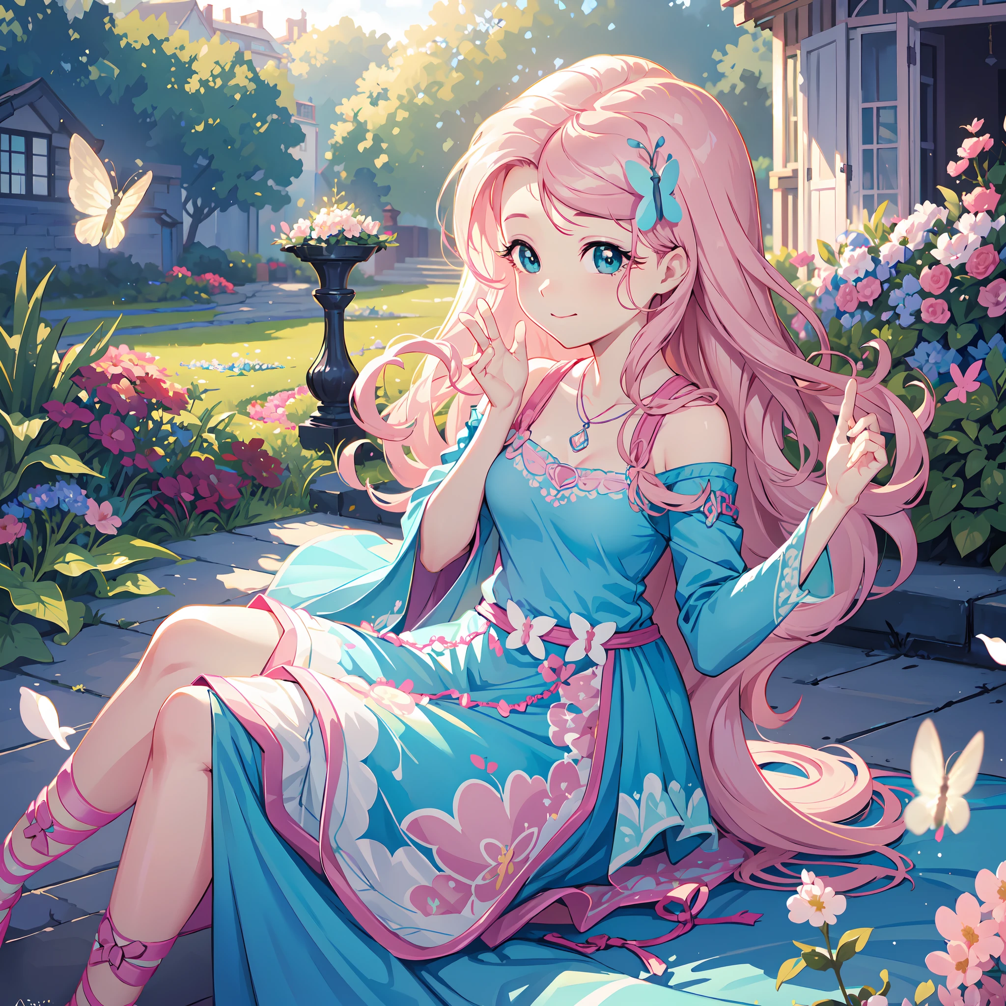 (best quality, 8k, masterpiece:1.2, nsfw ),Cutest,Cute girl,solo,mesugaki,Beautiful face,Beautiful eyes,Beautiful hair, Light pink long wavy hair,Lots of colorful flowers,sitting down happily but languidly,soft sunlight,vivid colors,shimmering petals,peaceful garden,flying butterflies,lovely dress,innocent smile,playful pose,blissful atmosphere,serene background,dreamy ambiance,lively atmosphere,sparkling dewdrops, charm,magical garden,pastel hues,gentle breeze,dainty features,delicate petals,endearing beauty,enchanted scenery.