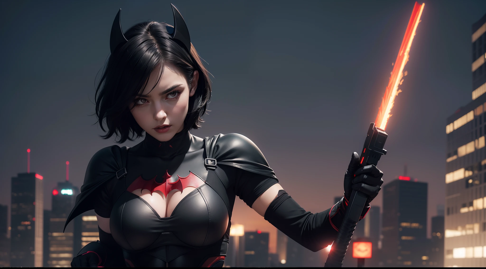 girl with short black hair and pale skin, wearing a black and red bikini with a bat symbol on the chest. She has a red cape around her neck and a pair of black gloves and boots. She is standing on a rooftop with a serious expression and a grappling gun in her hand. She is Batwoman., CGI with clear focus, Photorealistic, high detail, Realistic, Masterpiece, absurdress, Best Quality, HDR, hiquality, hight resolution, Extremely detailed, 8k wallpaper, intricate details, 8K UHD, Full-HD, (foto realista:1.2), Contrast, sharp lighting, Cinematic lighting, natural lighting, hard light, Backlighting, Global Illumination, Environment Occlusion
