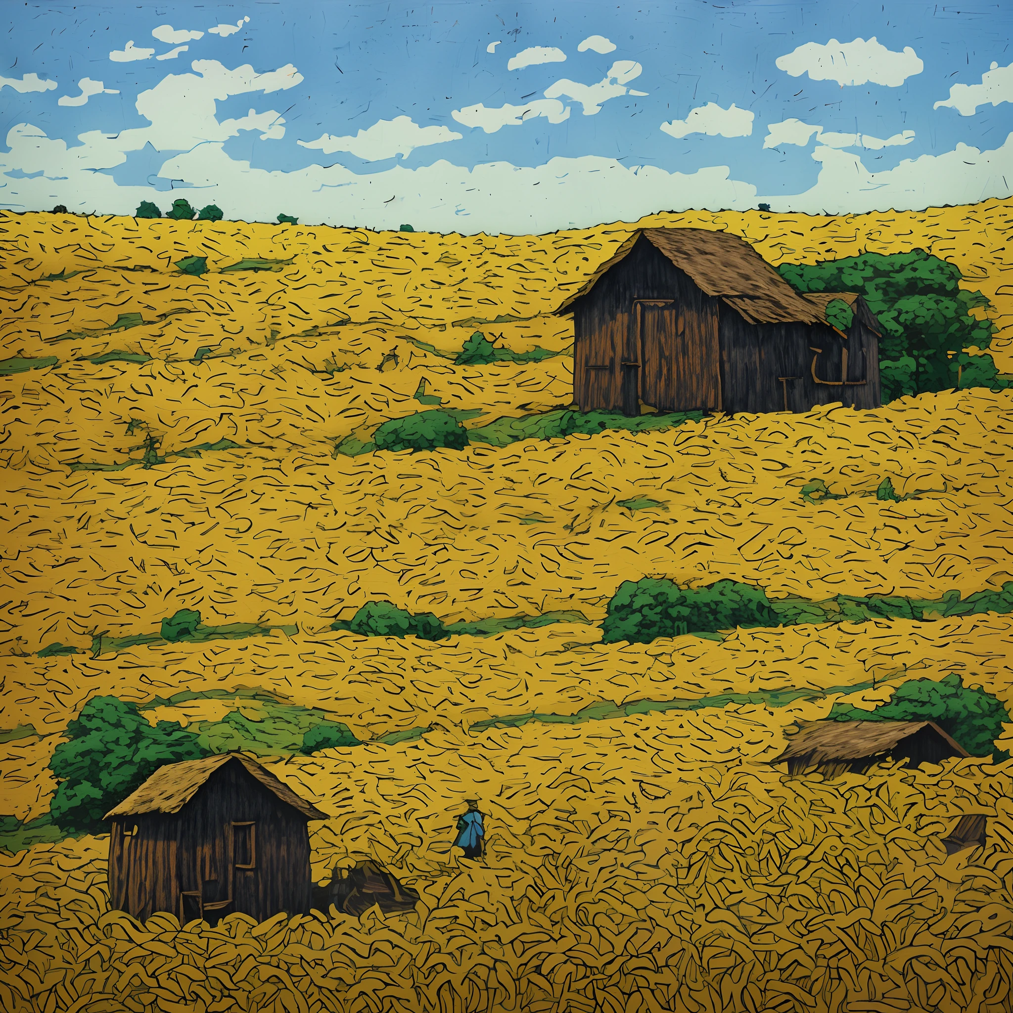 color photo of a wooden hut in a field and a wheat field, a rustic countryside scene, peaceful and serene, with warm sunlight filtering through the trees, creating dappled shadows on the ground, birds chirping in the distance, a gentle breeze rustling through the wheat stalks, a sense of solitude and tranquility, capturing the essence of rural life and the beauty of nature. Camera settings: Nikon D850, Kodak Portra 400 film, 50mm lens, shooting at a shallow depth of field to emphasize the hut and the wheat field. Directors: Terrence Malick, Cinematographers: Emmanuel Lubezki, Photographers: Annie Leibovitz, Fashion Designers: Vivienne Westwood, Alexander McQueen, Rick Owens, Stella McCartney, Thom Browne, Hussein Chalayan, Martin Margiela, Iris van Herpen, Gareth Pugh.