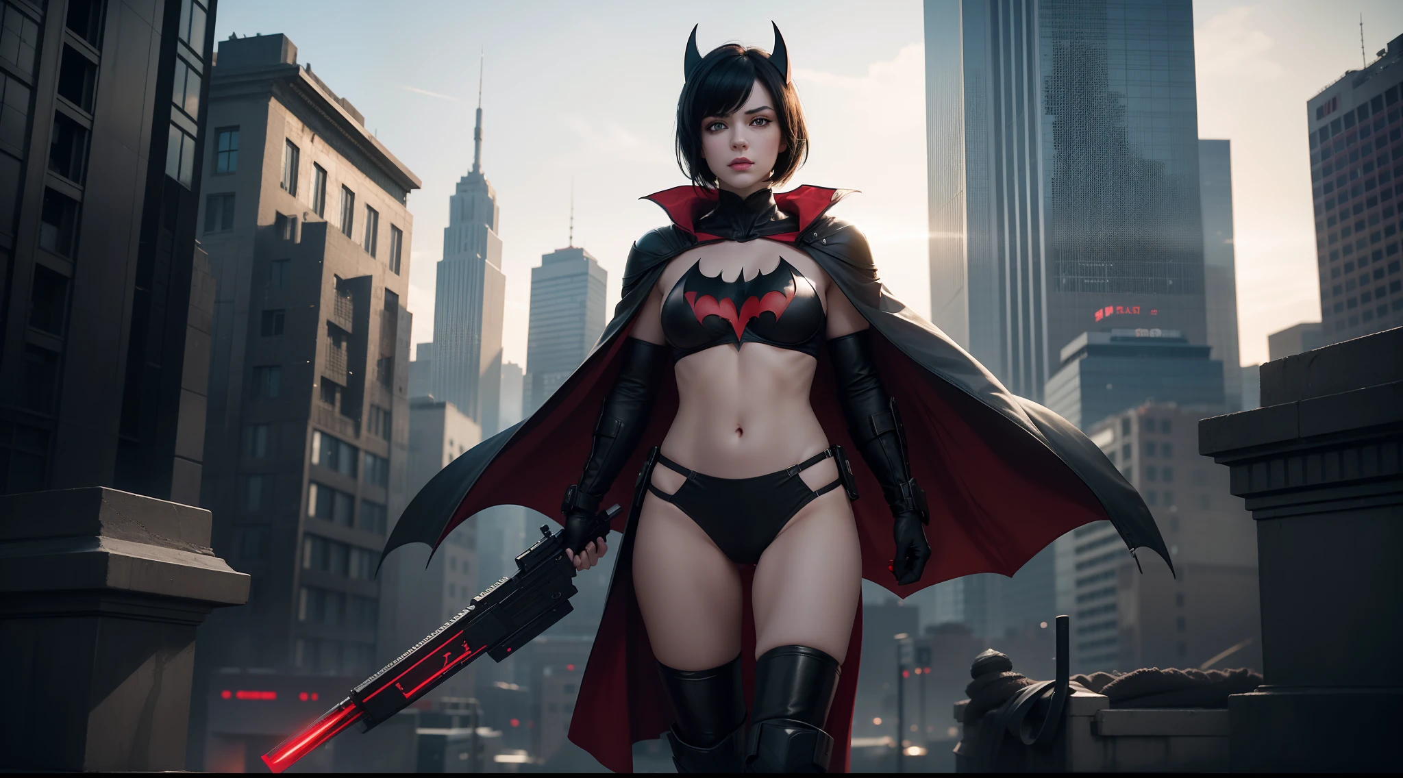 girl with short black hair and pale skin, wearing a black and red bikini with a bat symbol on the chest. She has a red cape around her neck and a pair of black gloves and boots. She is standing on a rooftop with a serious expression and a grappling gun in her hand. She is Batwoman., CGI with clear focus, Photorealistic, high detail, Realistic, Masterpiece, absurdress, Best Quality, HDR, hiquality, hight resolution, Extremely detailed, 8k wallpaper, intricate details, 8K UHD, Full-HD, (foto realista:1.2), Contrast, sharp lighting, Cinematic lighting, natural lighting, hard light, Backlighting, Global Illumination, Environment Occlusion
