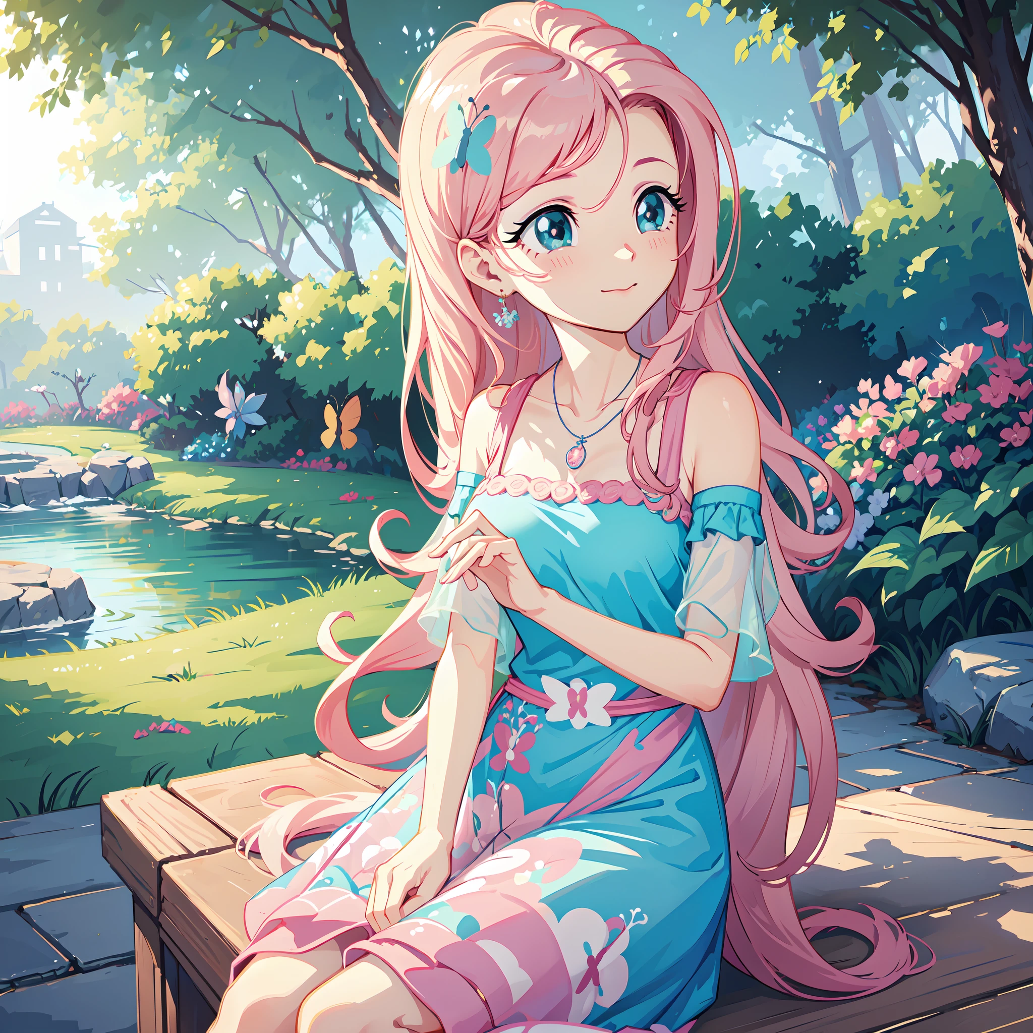 (best quality, 8k, masterpiece:1.2, nsfw ),Cutest,Cute girl,solo,mesugaki,Beautiful face,Beautiful eyes,Beautiful hair, Light pink long wavy hair,Lots of colorful flowers,sitting down happily but languidly,soft sunlight,vivid colors,shimmering petals,peaceful garden,flying butterflies,lovely dress,innocent smile,playful pose,blissful atmosphere,serene background,dreamy ambiance,lively atmosphere,sparkling dewdrops, charm,magical garden,pastel hues,gentle breeze,dainty features,delicate petals,endearing beauty,enchanted scenery.