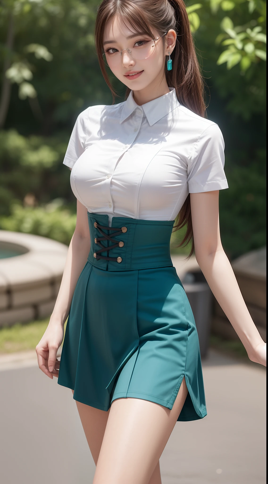 8K, masutepiece, Raw photo, Best Quality, Photorealistic, Highly detailed CG Unity 8k wallpaper, depth of fields, Cinematic Light, Lens Flare, Ray tracing, (Extremely beautiful face, Beautiful lips, Beautiful eyes), intricate detail face, ((Ultra detailed skin)) 1girl in, In the Dark, deepshadow, Pretty Korean girl, Kpop Idol, 1 girl, (Very slim and slender fit muscular body:1.3), ((Looking at Viewer)),(Big smile:1.3), (Blurred background),(No people in the background:1.3), Beautiful earrings, Bracelets, Clear eyes, Walking, (pale skin), (Big eyes), Face forward, (Brown hairs), (Full body shot), , ((Teal High Waist Long Skirt)), , (Looking at Viewer:1.3) opened breast, Very slim, medium breasts, ass forcus, Before the eyebrows, thick thighs((whiteshirt:1.3)), (double-breasted,Underbust:1.2), Short sleeves, buttonGap,Frameless glasses,Corset Belt,Tea tie,Beautiful ponytail,