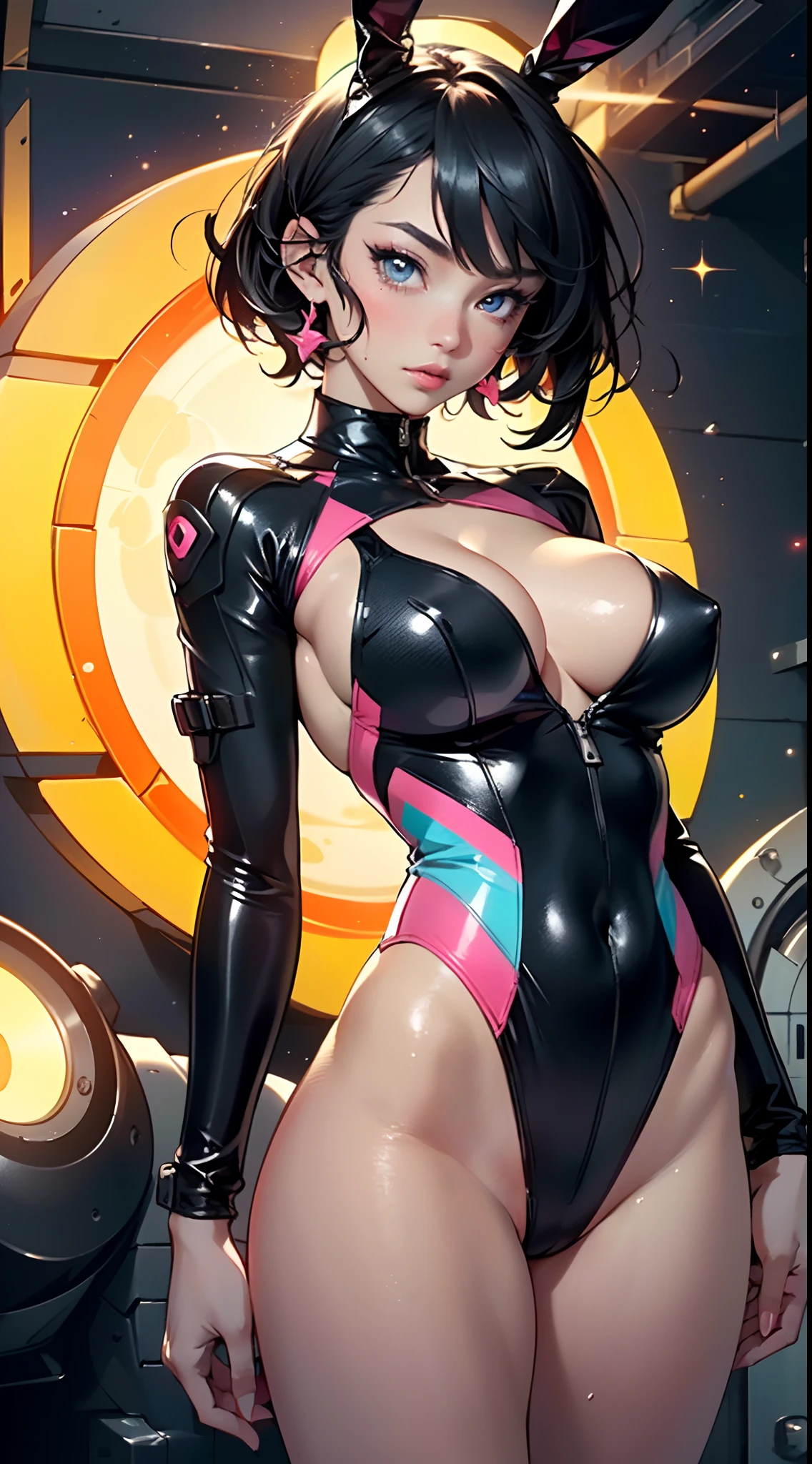 cute bunny girl,(((1girl))),((bunny girl with extremely cute and beautiful black hair)),(((bunny girl,anthro furry cute,bunny-girl,bunny ears,bunny ears on head,big bunny ears))),


(large breasts:1.4),saggy breasts,(((black hair:1.35,colored inner hair,ear breathing,short hair))),((heterochromia:1.5, (pink_eye and blue_eye))),intricate eyes,beautiful detailed eyes,symmetrical eyes,((fat)),(((lustrous skin:1.5,bright skin: 1.5,skin tanned,shiny skin,very shiny skin,shiny body,plastic glitter skin,exaggerated shiny skin,illuminated skin,wet legs))),(spider lower abdomen,narrow waist,wide hip,athletic body,inflated legs,detailed body,(detailed face)),

cute,slutty,seductive,erotic,(((nsfw))),

zettai ryouiki,((slingshot swimsuit black,wearing a slingshot swimsuit outfit:1.3,swimsuit type spacesuit,black armor swimsuit:1.3)),(((huge cleavage))),((wet clothes,intricate outfit,intricate clothes)),

(dynamic pose:1.0),solo focus,embarrassed,(centered,scale to fit dimensions,Rule of thirds),

cyberpunk city by the ocean at night, with bright neon signs and dark stormy clouds and puddles, scenery:1.25,

highres, sharp focus, (ultra detailed, extremely detailed), (photorealistic artwork:1.37),(extremely detailed CG unity 8k wallpaper),((synthwave background theme)),(((vibrant colors))),(intricate background),(masterpiece),(best quality),
