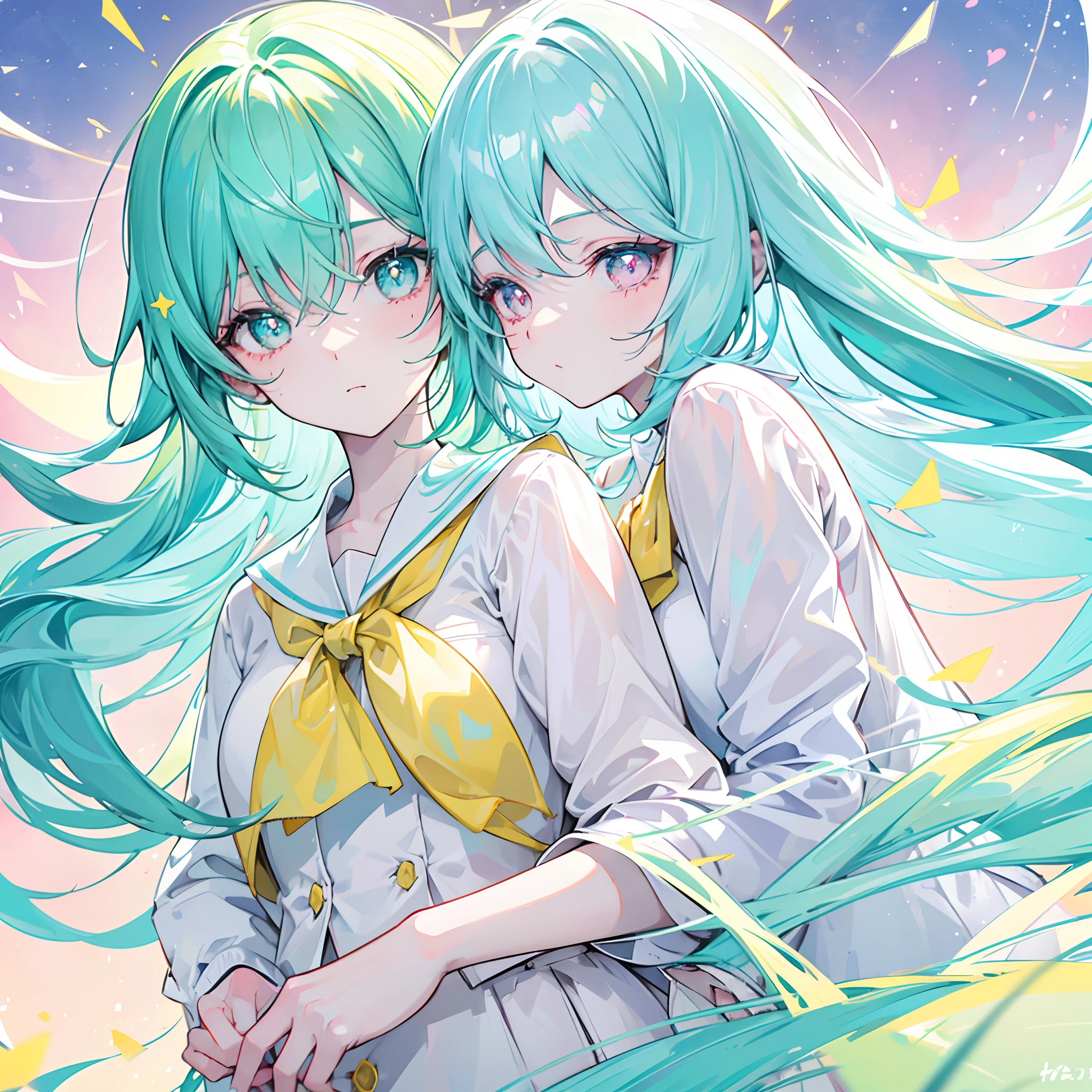 The glowing pale turquoise color matching hair and the delicate yellow-green-pink pupils,Glossy,School uniforms in pink, yellow and white,Glowing,Sweet sweet girl girl,The whole is shining,It looks very gentle,The face is moist,Very delicate beauty