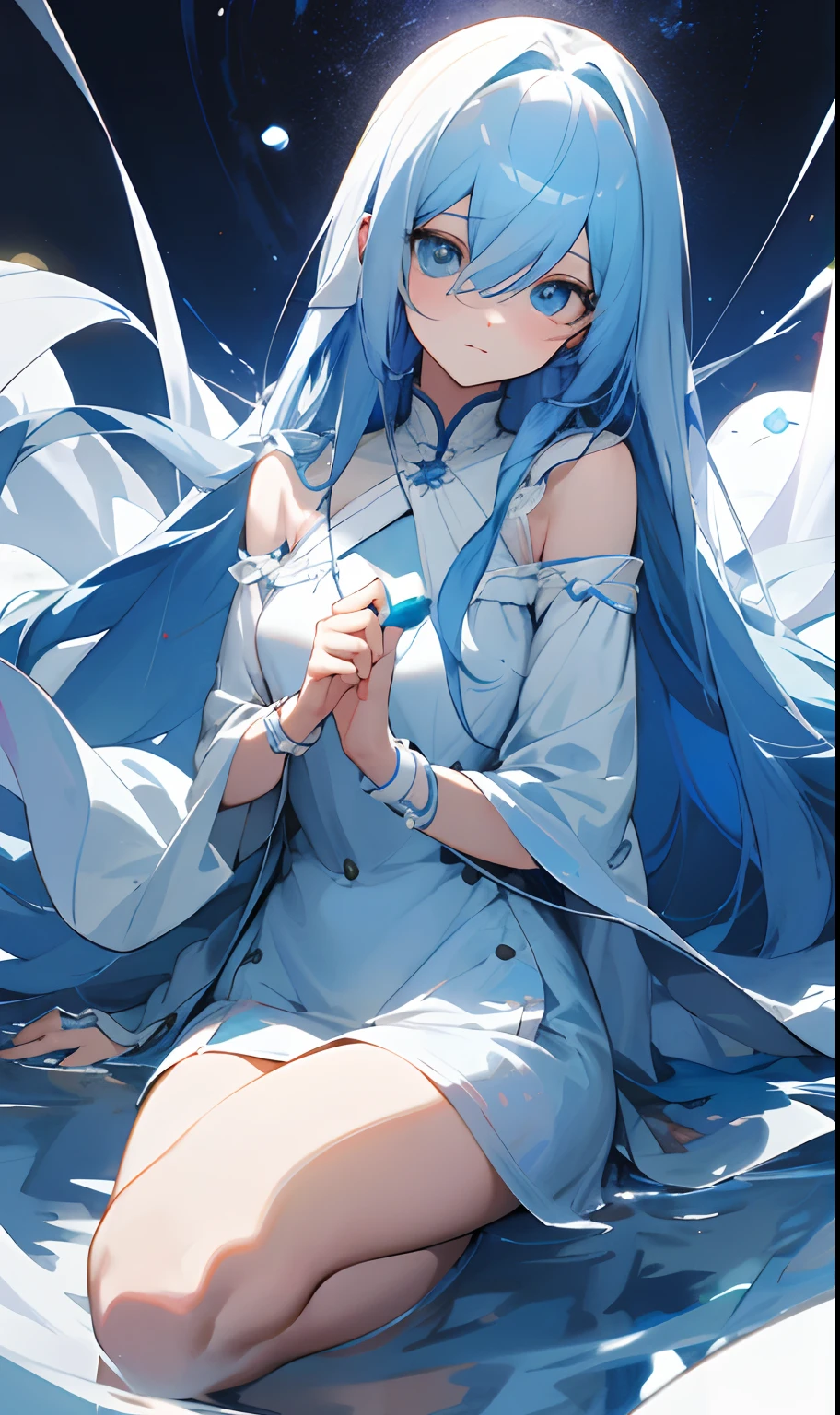 femele, kind, funny, Beautiful, looking after, long blue hair, Shy, dressed in white, Blue eyeball、Ephemeral atmosphere