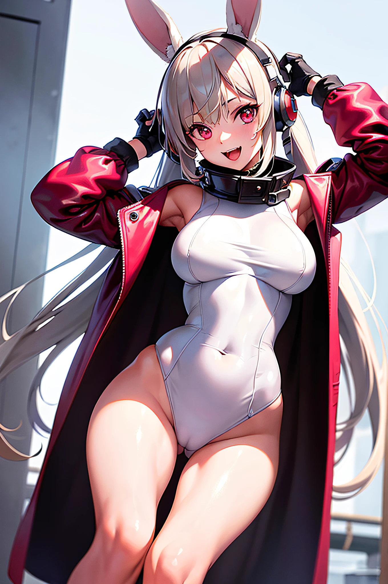 (RAW photo, best quality, masterpiece:1.2), (realistic, photo-realistic:1.4),(masterpiece:1.4),(best quality:1.4),1girl, solo, :d, animal ear headphones, animal ears, arms up, bangs, blush, bodysuit, breasts, bunny pose, clothes writing, covered navel, cowboy shot, cropped jacket, fake animal ears, gloves, outdoor,morning,snow, hair intakes, headphones, impossible bodysuit, impossible clothes, jacket, large breasts, latex, latex bodysuit, long hair, long sleeves, looking at viewer, large breasts, multicolored gloves, open mouth, pink bodysuit, pink eyes, red eyes, red jacket, shiny clothes, shrug \(clothing\), sidelocks, skin tight, smile, thigh gap, thighs, twintails, very long hair, white gloves, white hair,alice \(nikke\),(shiny skin),realistic,