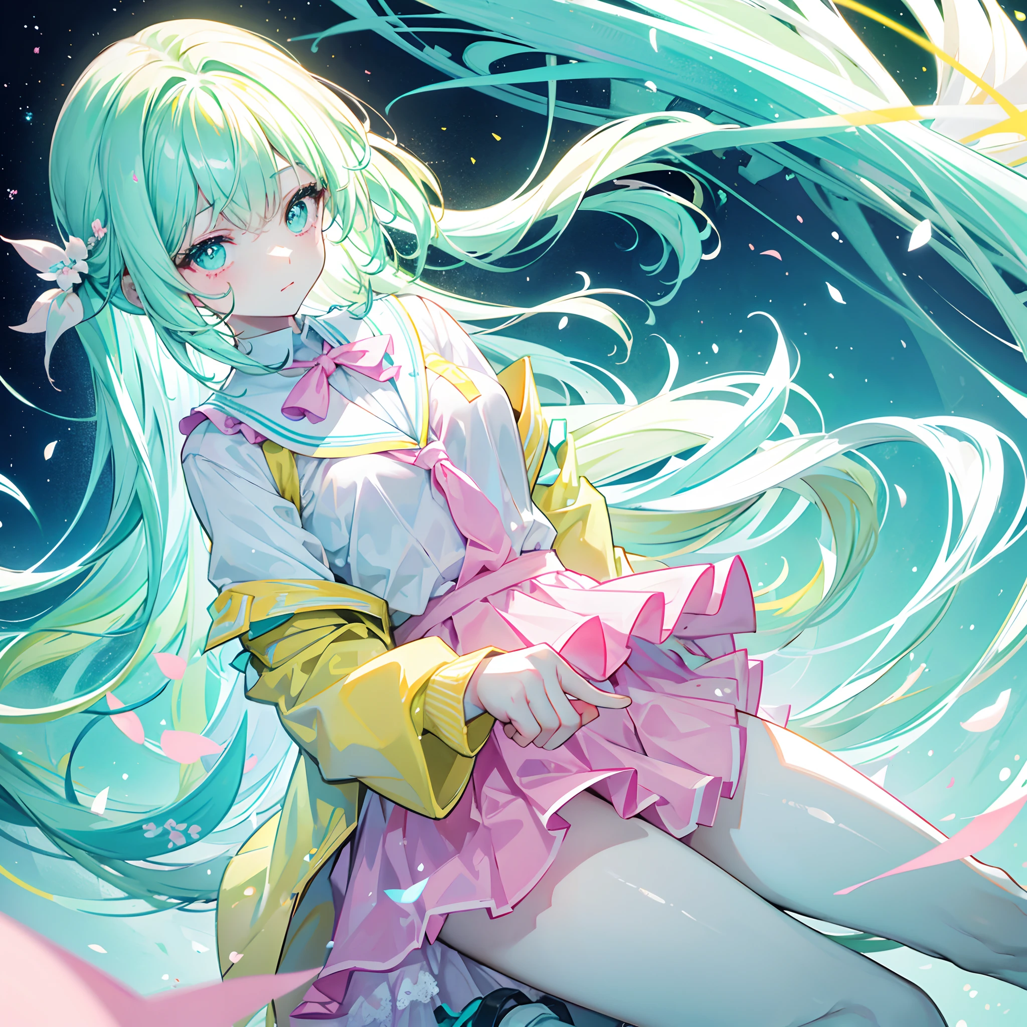 The glowing pale turquoise color matching hair and the delicate yellow-green-pink pupils,Glossy,School uniforms in pink, yellow and white,Glowing,Sweet sweet girl girl,The whole is shining,It looks very gentle,The face is moist,Very delicate beauty