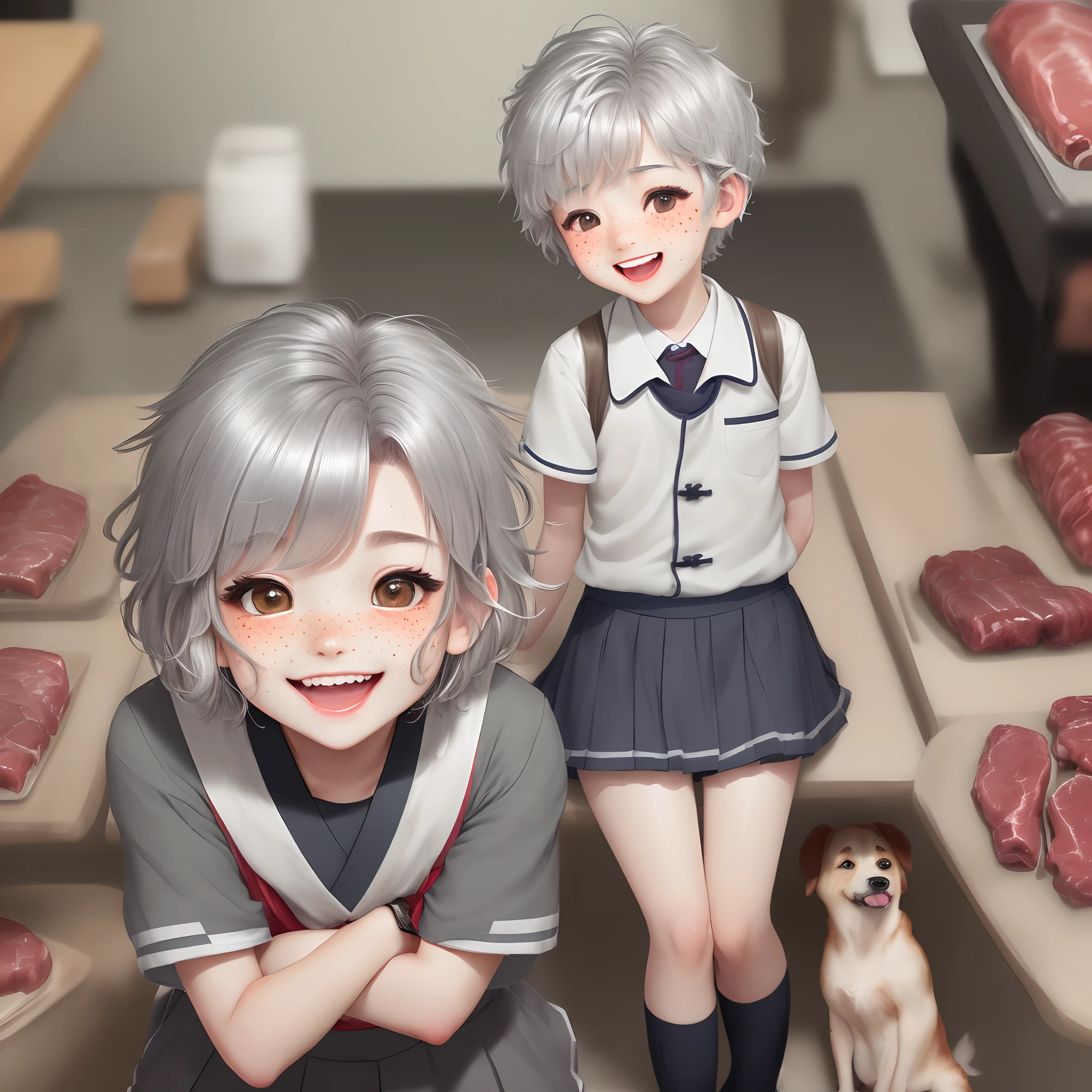 ((cute) | (moe)| (sweet) | (fresh)),((Zhengtai)|( Small fresh meat)),((1 boy)|( Single dog))/(Japanese school uniform)| ((refreshing)| (neat)),((defect)|( freckles)),((4K)|( Ultra HD)),((silver)|( Short silver hair) | (short gray hair), brown eyes, (messy|laughing) hairstyle.