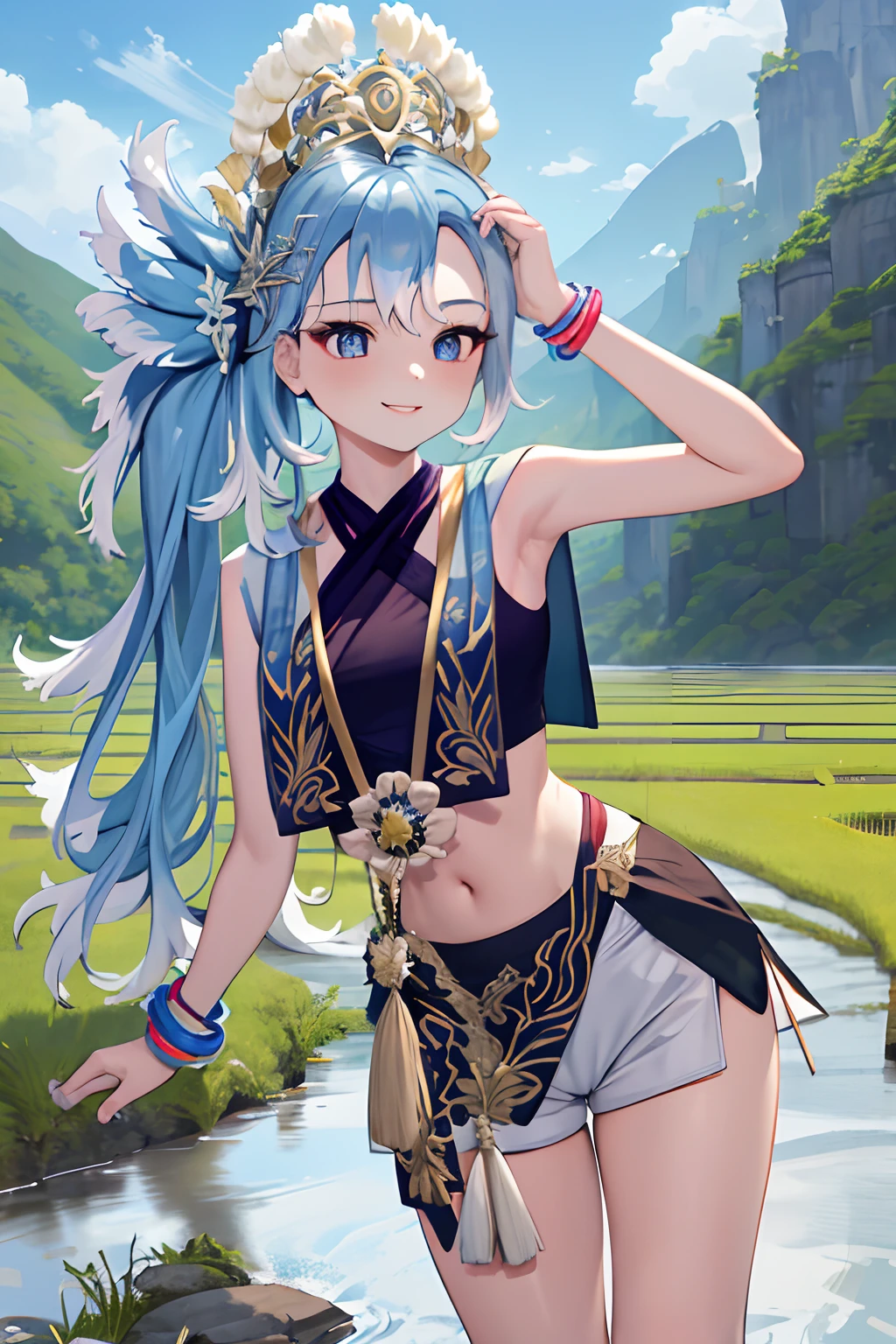 masterpiece, best quality, absurdres, perfect anatomy, 1girl, solo, Kobo3rd, side ponytail, bracelet, hair ornament, blue shirt, sleeveless, midriff, white shorts, standing, river, beautiful mountain background, ricefield, smile, outdoors,wear Indonesian traditional dress