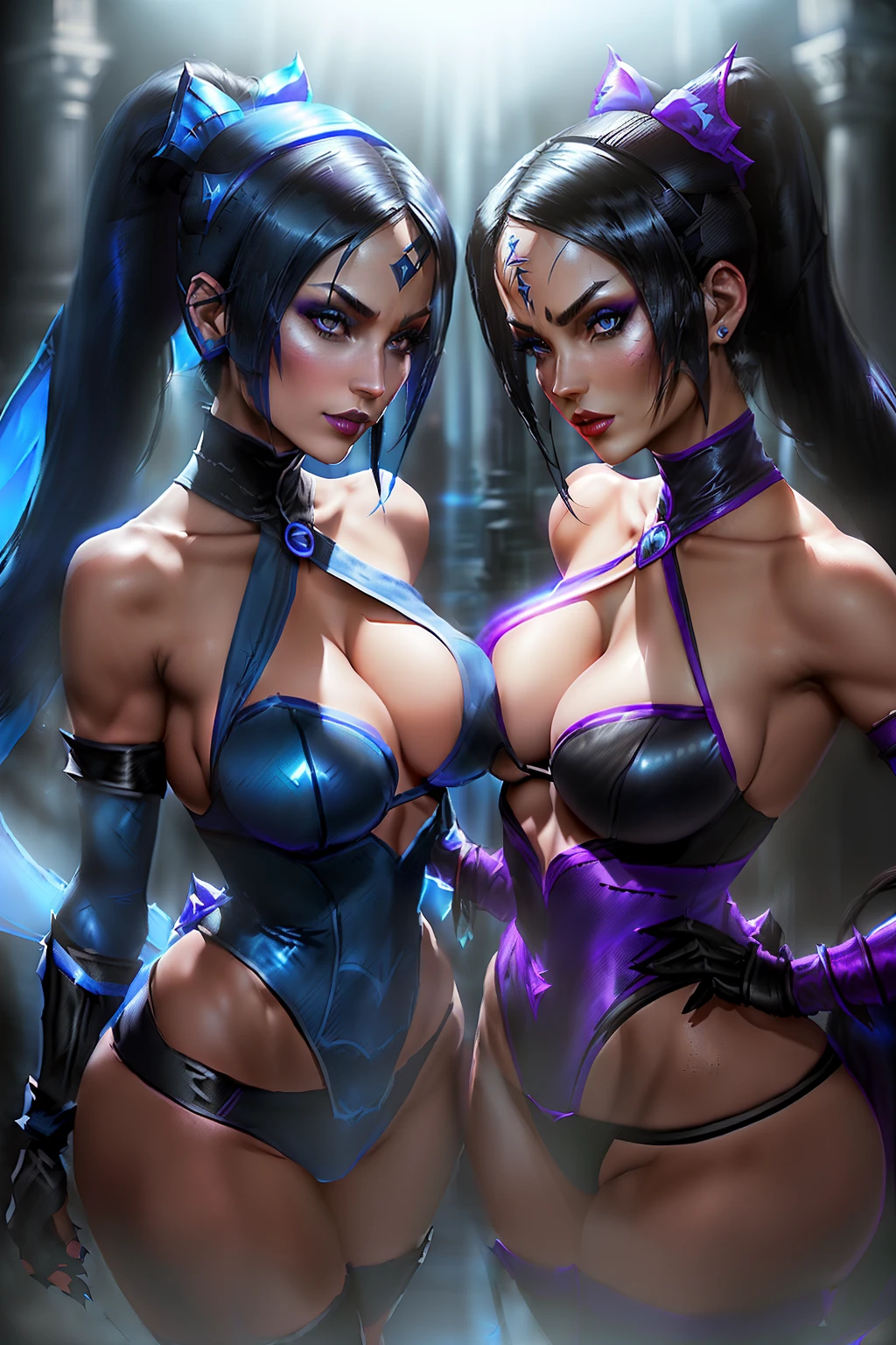 ((Kitana and mileena from mortal kombat series))(big glowing eyes)(red lips) (long straight black hair)((very huge )) (perfect slim body) (kitana wears blue outfit, mileena wears purple outfit, long gloves, long stocking)(inside dark temple) (posing sexy bato back)(high definition, volumetric lights and dinamic shadows)((masterpiece))(8k)(perfect face)(ultra details) (perfect hands, eyes, and face)