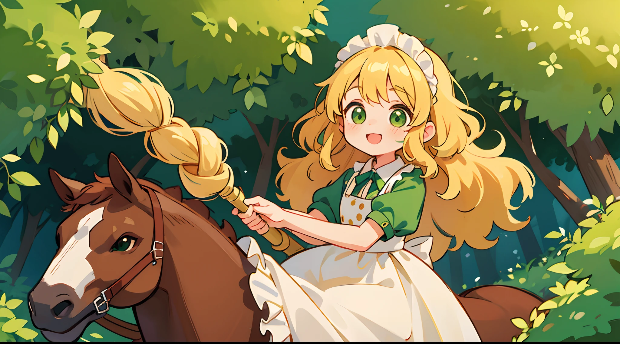 One Girl Riding Horseback、Cute girl with green eyes、Severe curly hair、Naturally curly hair、Golden hair、hitornfreckles、Housemaid style、ssmile