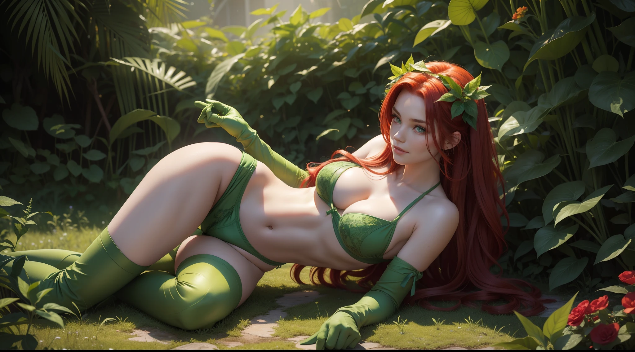 girl with long red hair and green eyes, wearing a green bikini made of leaves and vines. She has a flower in her hair and a pair of green gloves and boots. She is surrounded by plants and flowers with a seductive smile and a kiss mark on her cheek. She is Poison Ivy., CGI with clear focus, Photorealistic, high detail, Realistic, Masterpiece, absurdress, Best Quality, HDR, hiquality, hight resolution, Extremely detailed, 8k wallpaper, intricate details, 8K UHD, Full-HD, (foto realista:1.2), Contrast, sharp lighting, Cinematic lighting, natural lighting, hard light, Backlighting, Global Illumination, Environment Occlusion