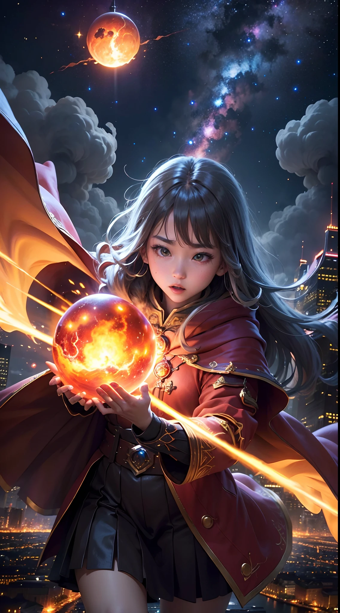 (high-level image quality、high-detail、8k)、(Wizard floating in the night sky、The moment you unleash a big fireball towards the city below)