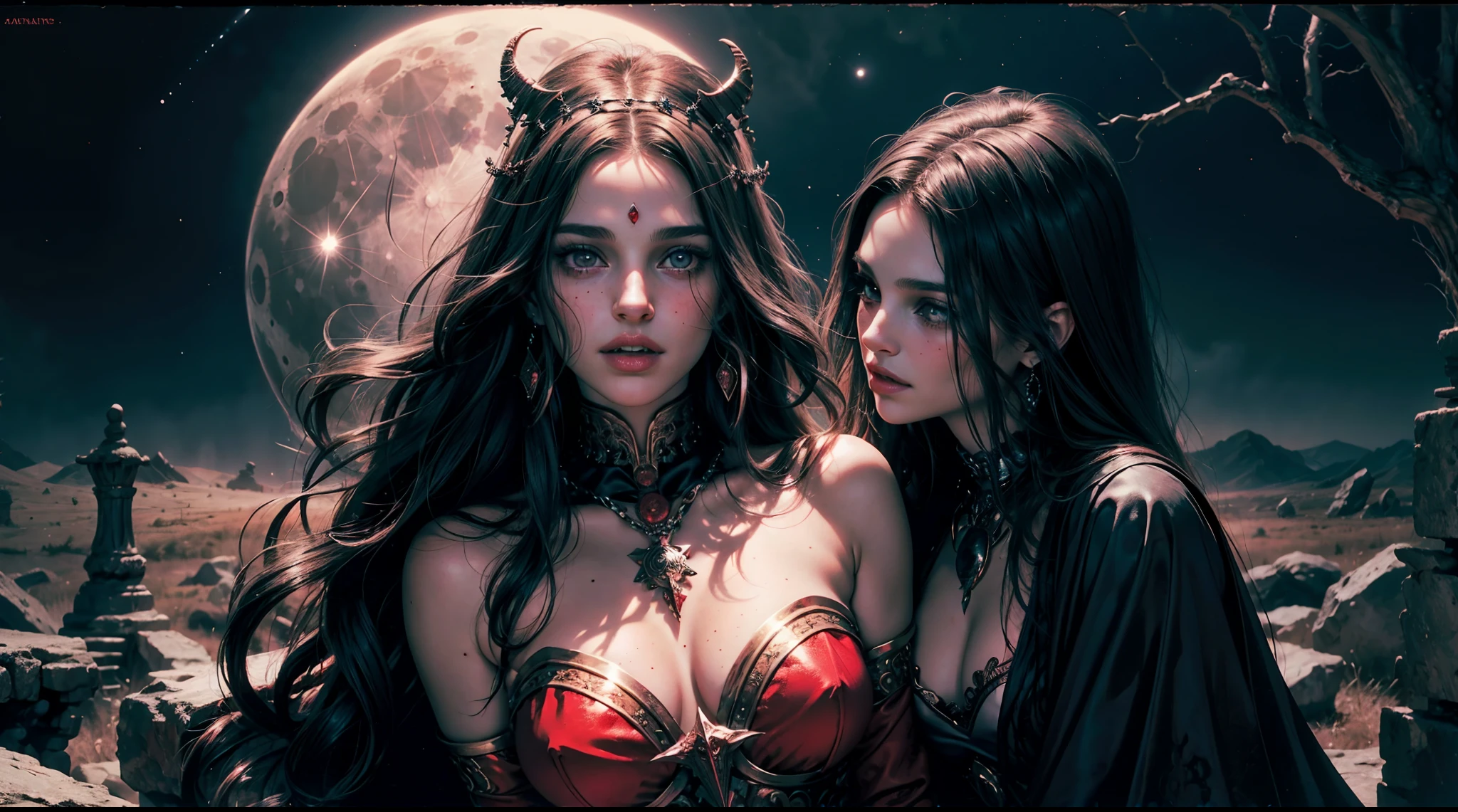 1970's dark fantasy heavy metal disc cover. natalie portman as a red priestess girl. gentle smile. (Moon night desolation). freckles. slender and beautiful. intricate detail.