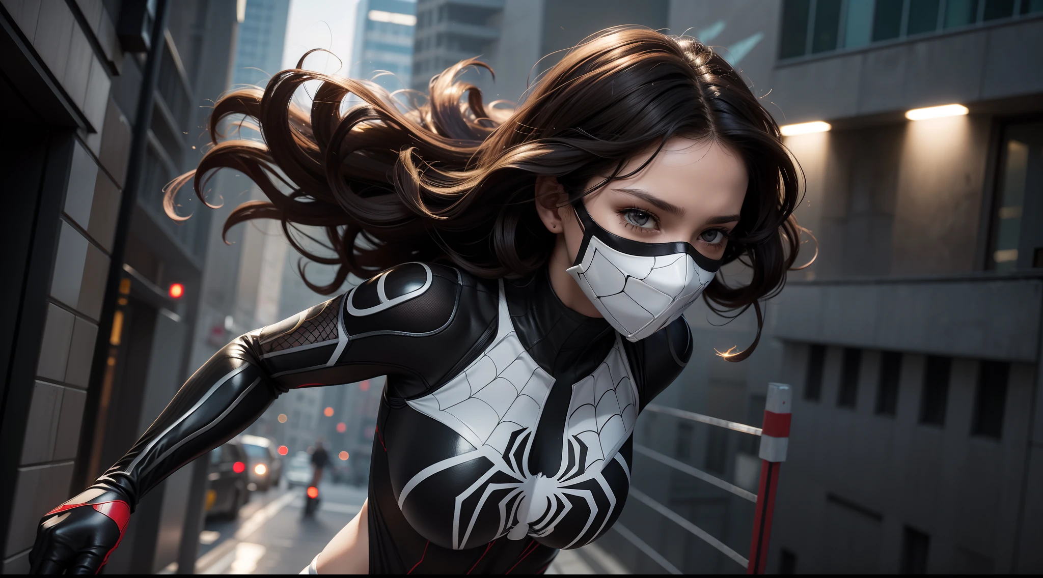 spider suit, web print, web, Spider-Man, masterpiece, absurdity, small parts, HDR, ((very detailed face and eyes)), realistic,, focus on the eyes,, A girl stands on the roof of a skyscraper, ((Masks available)), I look at the viewer,black hair, girl focus,(ponytail), earrings, , New York buildings background,
