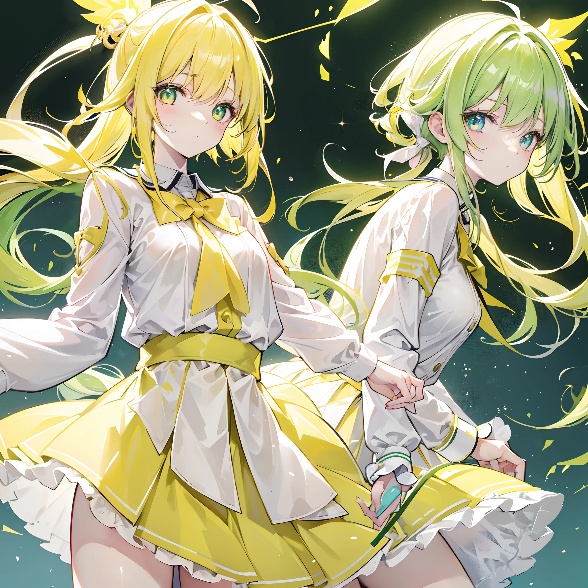 Glowing pale greenish-yellow hair and delicate pink pupils,Glossy,School uniforms in pink, yellow and white,Glowing,Sweet sweet girl girl,The whole is shining,It looks very gentle,The face is moist,Very delicate beauty