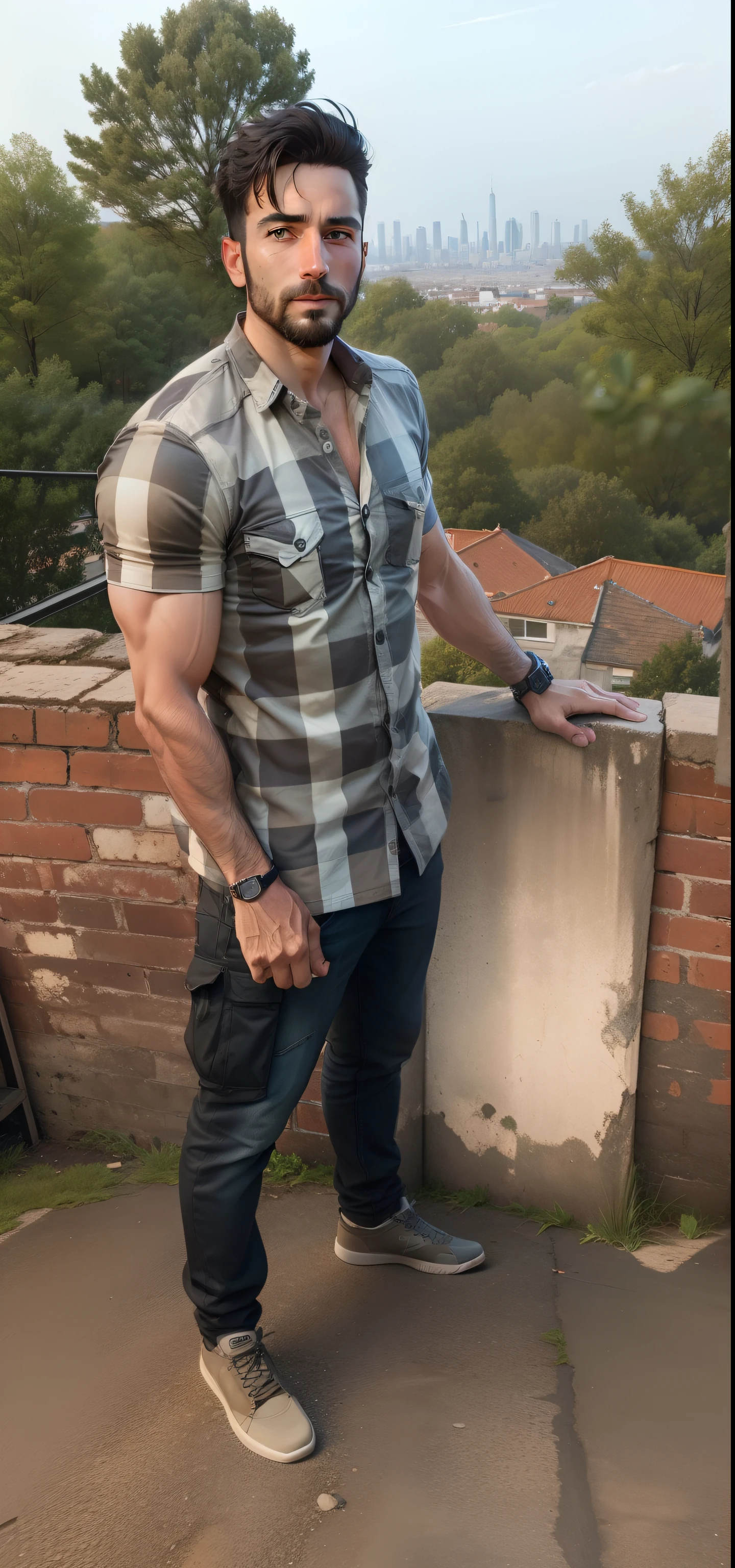 lighting,realistic,background,8k,u4,arafed man standing on a roof with a brick wall and a fence, full body picture, with a cool pose, photo taken in 2 0 2 0, he is! about 3 0 years old, with a city in the background, taken in the early 2020s, leaked image, he is about 3 0 years old
