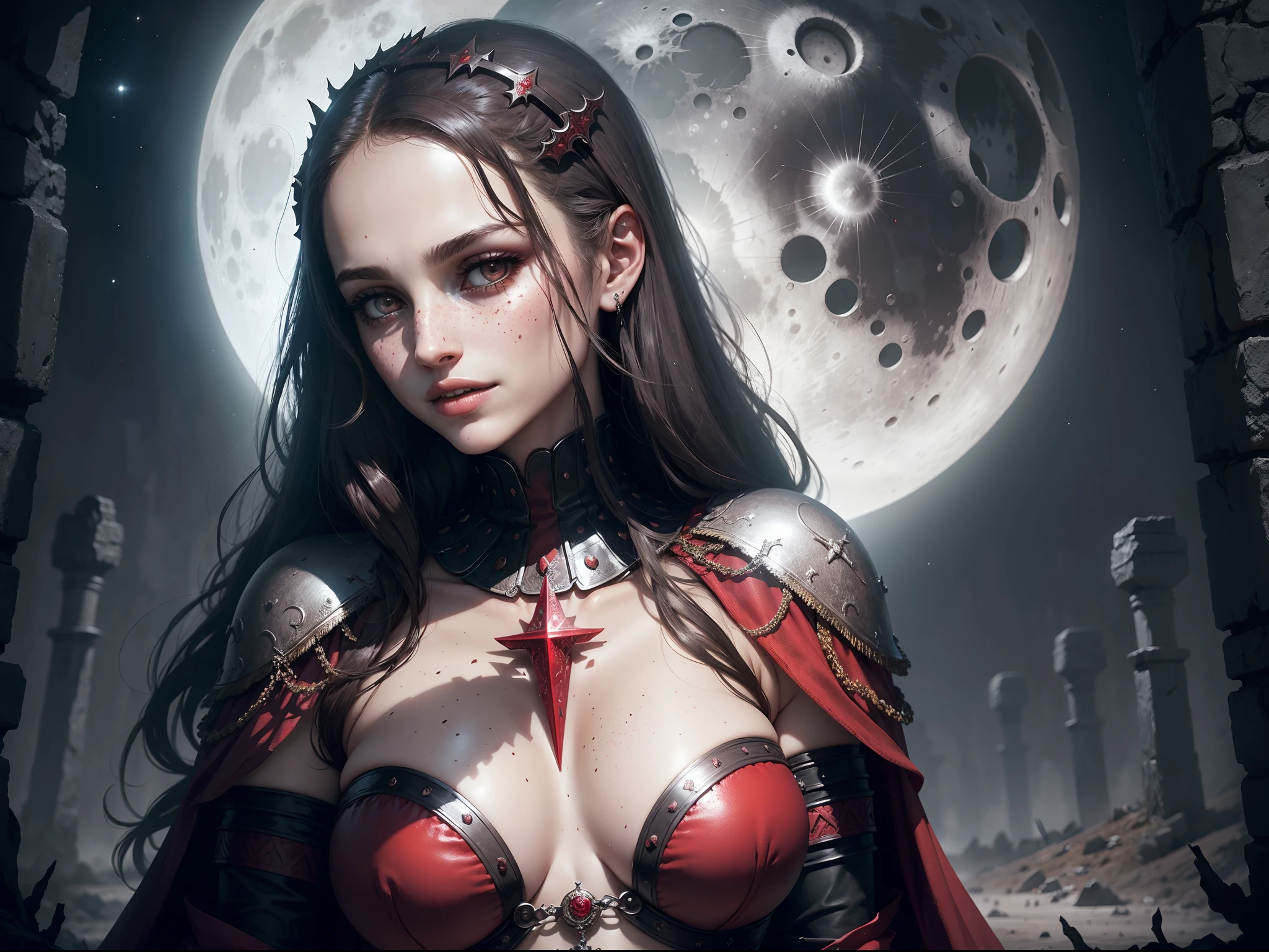 1970's dark fantasy heavy metal disc cover. teen natalie portman as a red priestess girl. gentle smile. (Moon night desolation). freckles. slender and beautiful. intricate detail.