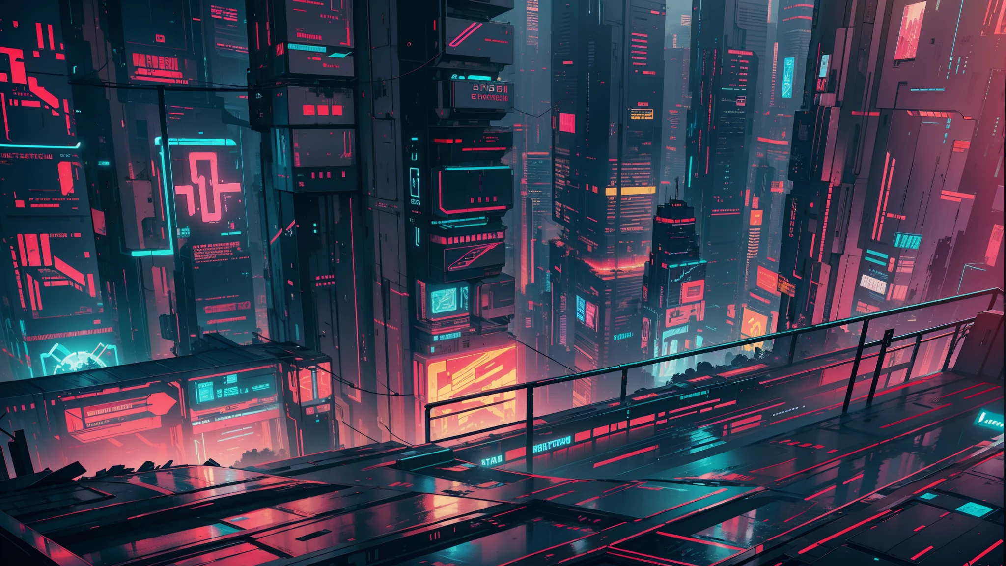 "Dentro da Matriz: Paisagem urbana cyberpunk surreal, efeitos visuais com falhas, neon lights, futuristic skyscrapers, cascading code, becos escuros, Figuras misteriosas, chuva digital, realidade aumentada, dystopian atmosphere"