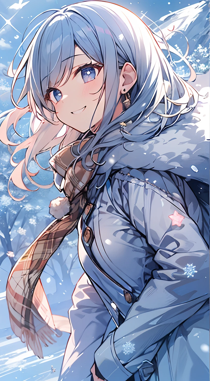 masutepiece, Best Quality,Illustration, Wallpaper, ultra -detail, Absurd beauty, 1beautiful girl、Bright hair color、Glitter and big eyes、Hair fluttering in the wind、ample breasts、♡、Smaller head、Winter scene、miscievous smile、bustup
