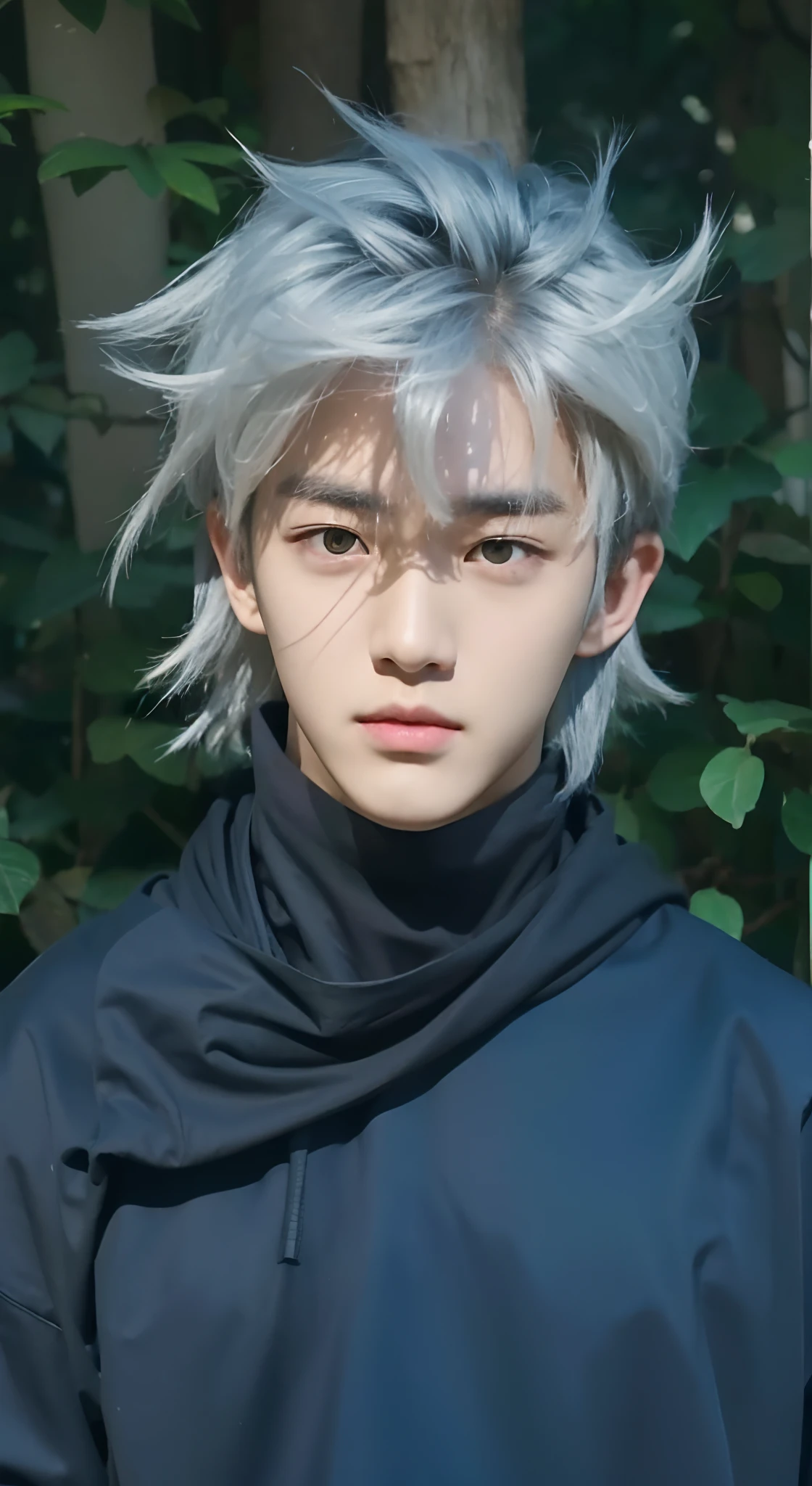 Real life adaption of this character, korean teen handsome face,detailed face, yellow eyes, looking to viewer,realistic blue long Messy hair, realistic outfit, realistic background, hyper realistic, realistic light, realistic shadow, realism,(photorealistic:1.2),cool expression