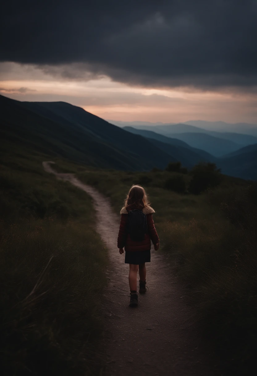 12 year old girl walking alone on a path in a dense forest through a mountainside at sunset、shot from front、