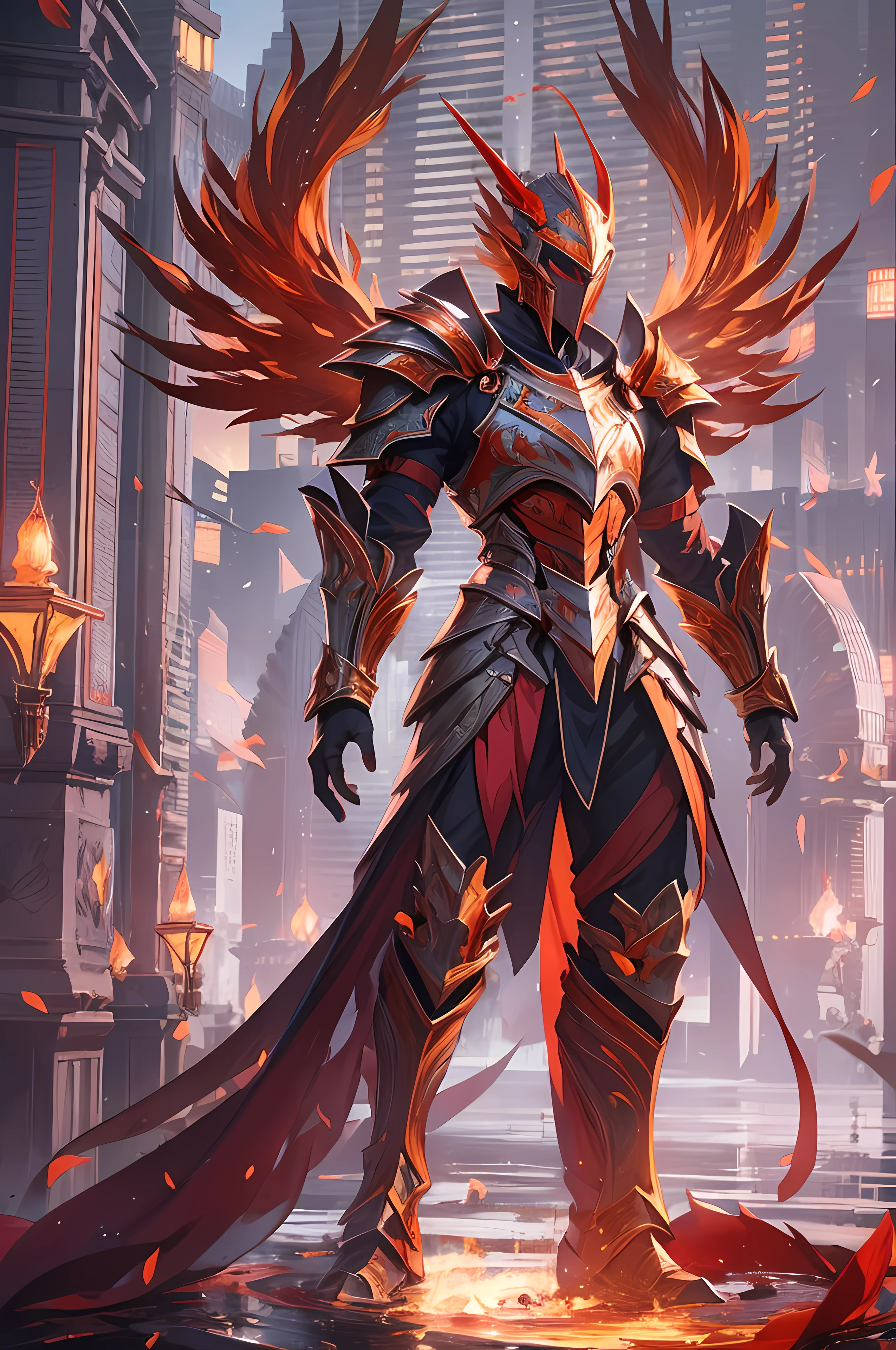 Phoenix knight, fine armor, intricate design, red details, silk, cinematic lighting, 4k, floating hair, sharp, prism, shining knight