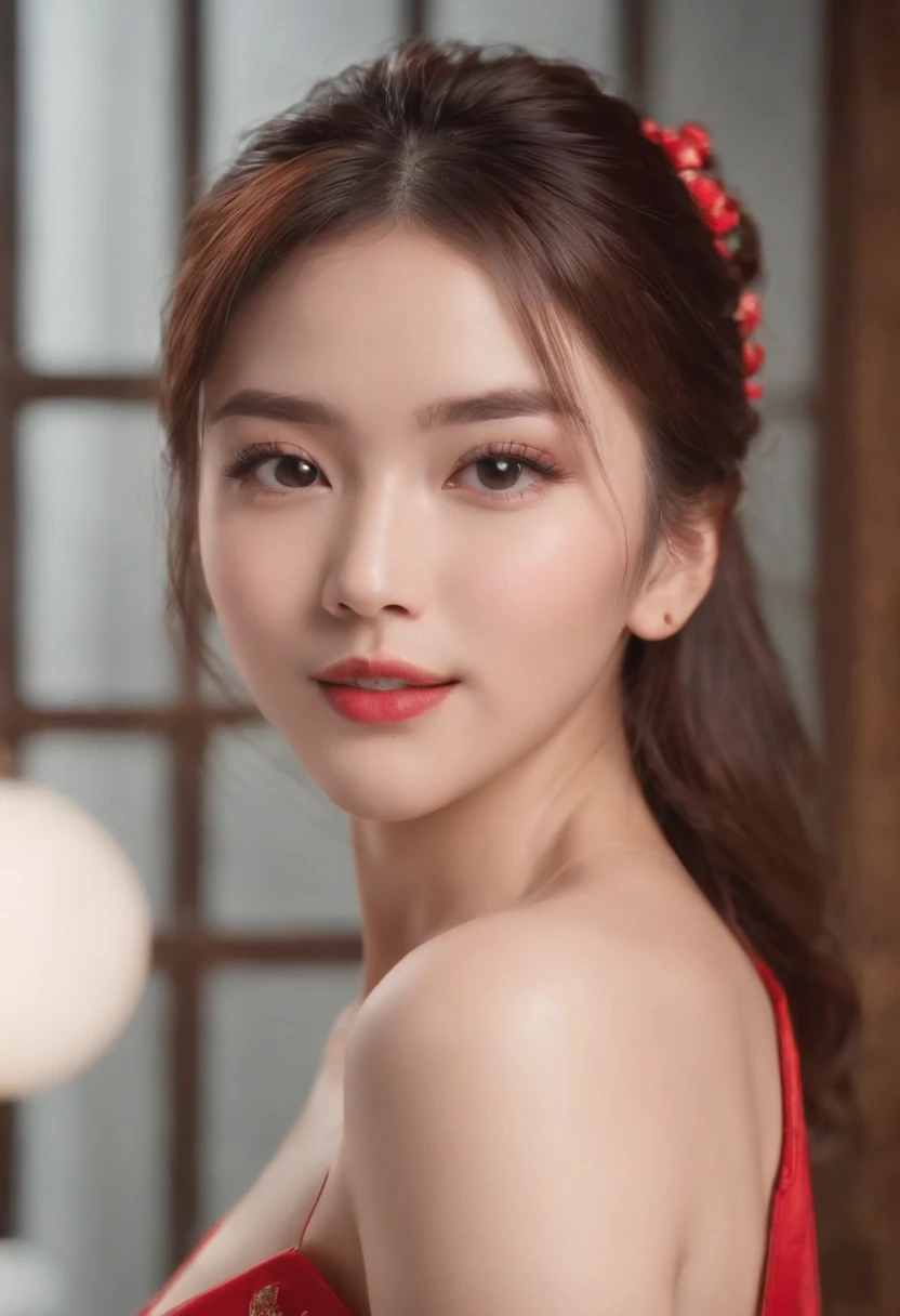 (Best quality,4K,high resolution), The cute illustrations are delicately expressed in realistic details，The girl works energetically，sharp eye，cheerful grin，brunette color hair，Red hair combed into a high bun，Chinese hair，Lively and interesting appearance，comic strip，anime big breast，funny illustration，Be very careful，Sleeveless sexy mini skirt cheongsam，Delicate red décor，Bring Chinese food，chinese restaurant background，Busy