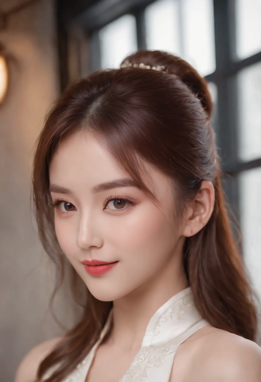 (Best quality,4K,high resolution), The cute illustrations are delicately expressed in realistic details，The girl works energetically，sharp eye，cheerful grin，brunette color hair，Red hair combed into a high bun，Chinese hair，Lively and interesting appearance，comic strip，anime big breast，funny illustration，Be very careful，Sleeveless sexy mini skirt cheongsam，Delicate red décor，Bring Chinese food，chinese restaurant background，Busy