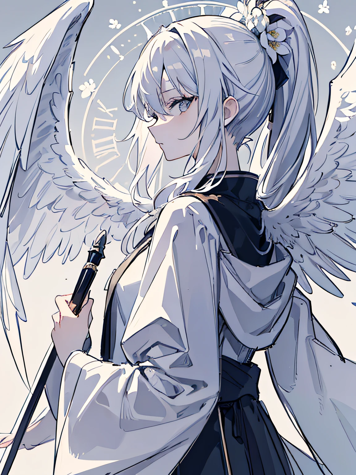 masterpiece, acura, 1girl, solo, mage robes, long ponytail white hair, angelic wings, profile close-up, flower line drawing background, clock background, monochrome, line drawing, looking at viewer, grey eyes, thinking pose ((sketch))