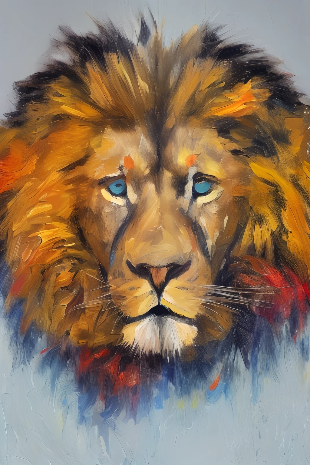 expressive spatula, painting, texture, 3D, forming a realistic lion, expression, intense blue, red, yellowish olive, bright gold everywhere,black, orange,  movement, waves, dripping, spattered, gestural strokes, professional lighting, contemporary expressionist style, 1:1 artwork