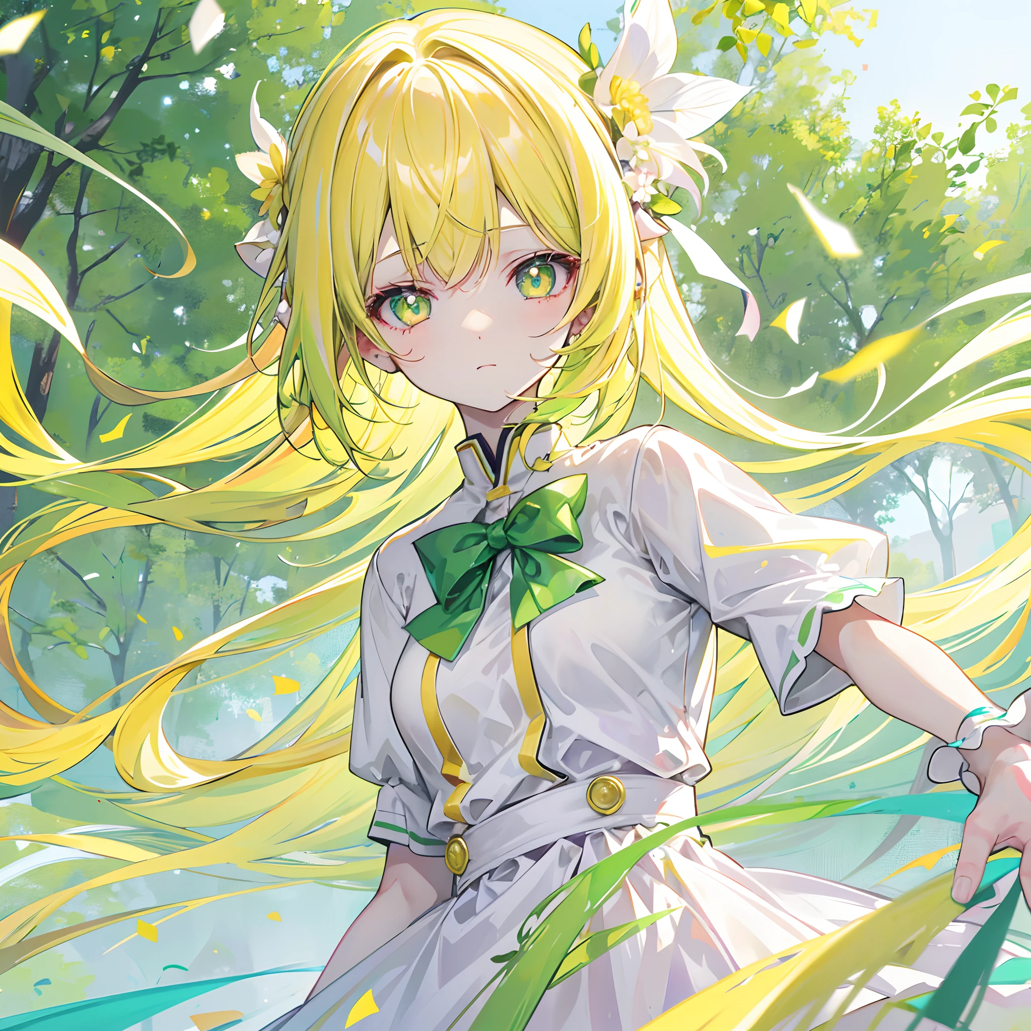 Glowing pale greenish-yellow hair and delicate yellow-green-pink pupils,Glossy,School uniforms in pink, yellow and white,Glowing,Sweet sweet girl girl,The whole is shining,It looks very gentle,The face is moist,Very delicate beauty