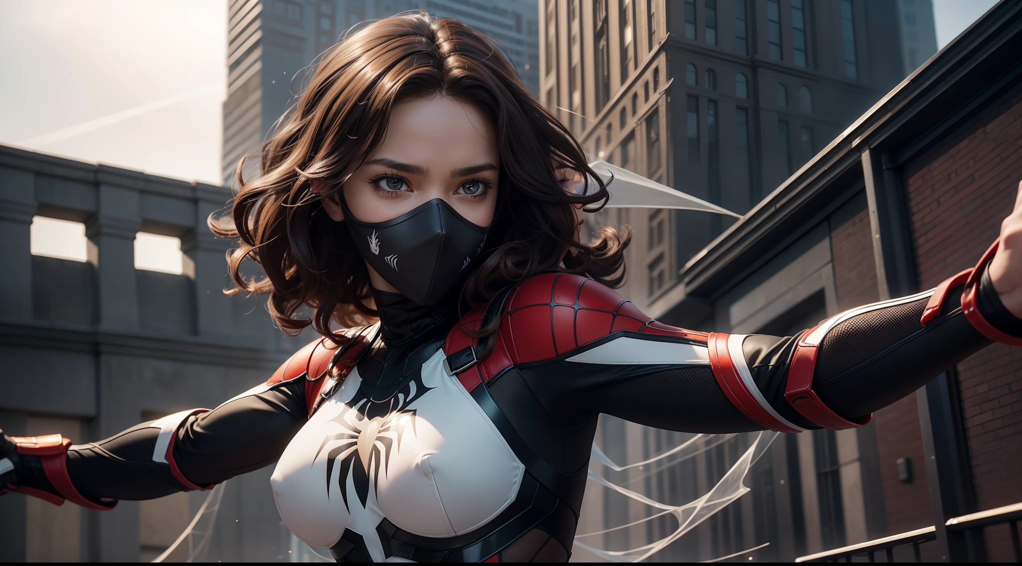 girl with curly brown hair and hazel eyes, wearing a white and black bikini with a spider logo on the chest. She has a pair of web shooters on her wrists and a mask that covers her eyes. She is jumping from a building with a determined look and a web in her hand. She is Spider-Woman., CGI with clear focus, Photorealistic, high detail, Realistic, Masterpiece, absurdress, Best Quality, HDR, hiquality, hight resolution, Extremely detailed, 8k wallpaper, intricate details, 8K UHD, Full-HD, (foto realista:1.2), Contrast, sharp lighting, Cinematic lighting, natural lighting, hard light, Backlighting, Global Illumination, Environment Occlusion