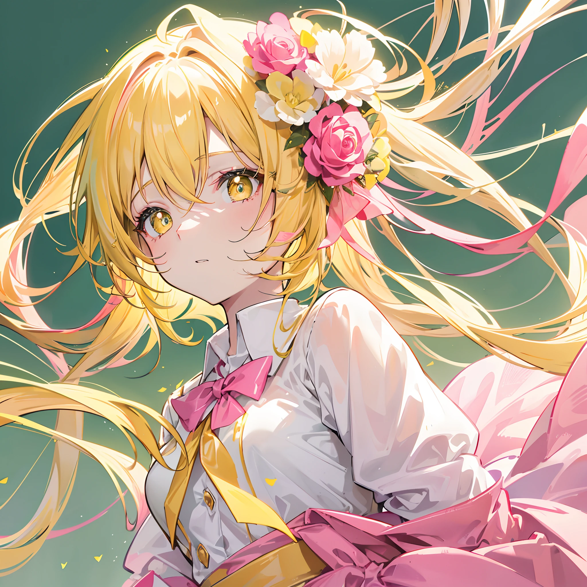 Glowing pale greenish-yellow hair and delicate yellow-green-pink pupils,Glossy,School uniforms in pink, yellow and white,Glowing,Sweet sweet girl girl,The whole is shining,It looks very gentle,The face is moist,Very delicate beauty