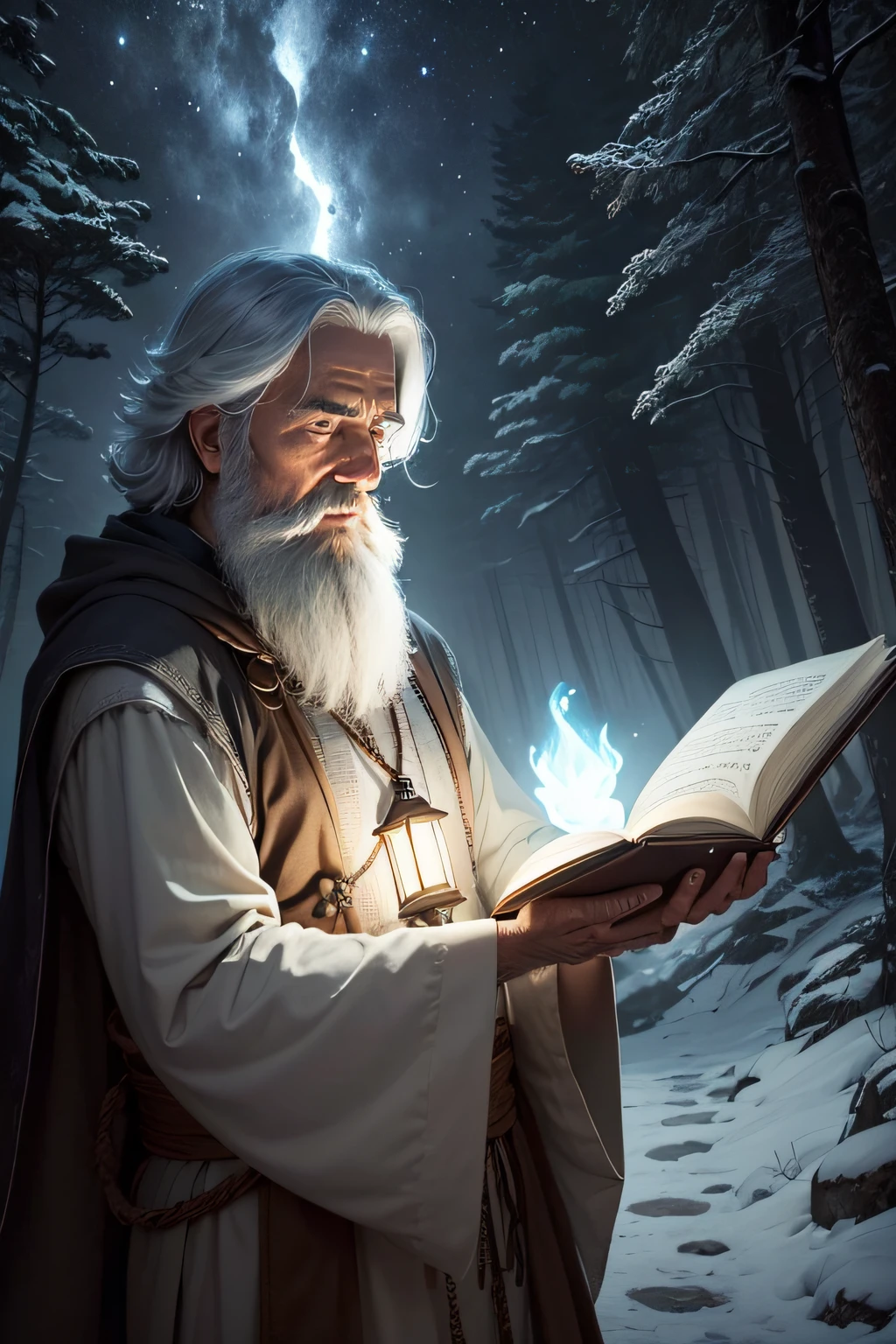 semente: 2776204661, uma paisagem montanhosa, where a winding path leads to the top of a hill. At the top of the hill is an old and wise man dressed in a gray tunic that blends with the soft colors of nature around him. He holds a flashlight in his left hand, whose light illuminates its path and dispels the shadows of darkness. O Eremita possui uma barba longa e branca que cai sobre o peito, Seus olhos, deep and wise, He is in a meditation posture, with a serene expression, indicating introspection and inner search. Ao redor do Eremita, Nature is silent, as if paying homage to his presence. Ancient trees stretch up to the sky, suas folhas sussurrando segredos do universo. Uma coruja, symbol of wisdom and intuition, Lands on a nearby branch, observando atentamente o Eremita. The path to the top of the hill is marked by rocks and obstacles, The Hermit's lantern illuminates an ancient book that he holds in his right hand, The book is open on a page that shows alchemical and astrological symbols, Ao fundo, A crescent moon shines in the night sky, The stars twinkle like little pearls