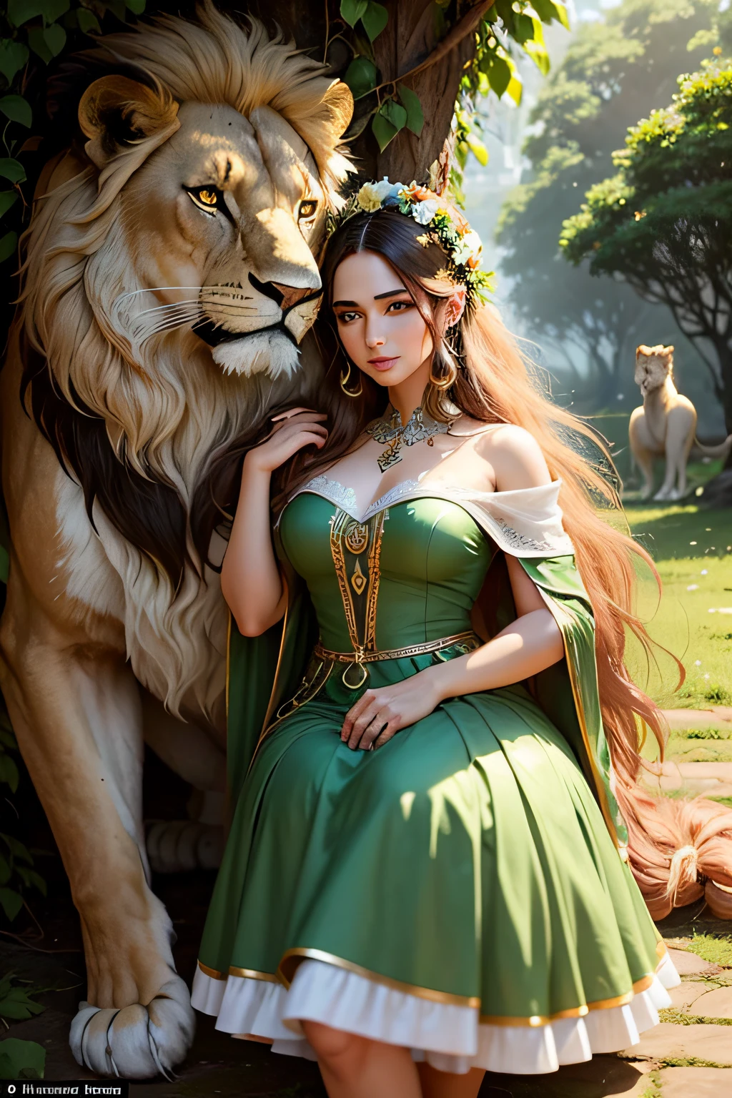 semente: 3009433755, The sensual and seductive woman looks directly into the eyes of the lion. She radiates an aura of confidence and control, A garland of flowers and leaves adorns his head, Ao fundo, cachoeiras fluem suavemente, Tall, leafy trees surround the scene, A luz do sol derrama um brilho suave, the Lion, com sua juba dourada e olhos poderosos, Ela veste um vestido longo de cor verde esmeralda, desenho ultra realista, detalhamento fino, Film style
