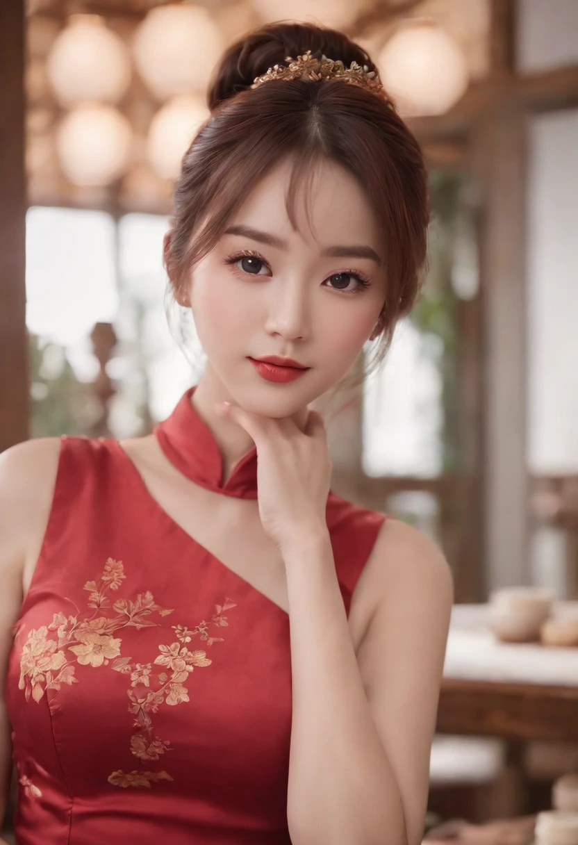 (Best quality,4K,high resolution), The cute illustrations are delicately expressed in realistic details，The girl works energetically，sharp eye，cheerful grin，brunette color hair，Red hair combed into a high bun，Chinese hair，Lively and interesting appearance，comic strip，anime big breast，funny illustration，Be very careful，Sleeveless sexy mini skirt cheongsam，Delicate red décor，Bring Chinese food，chinese restaurant background，Busy