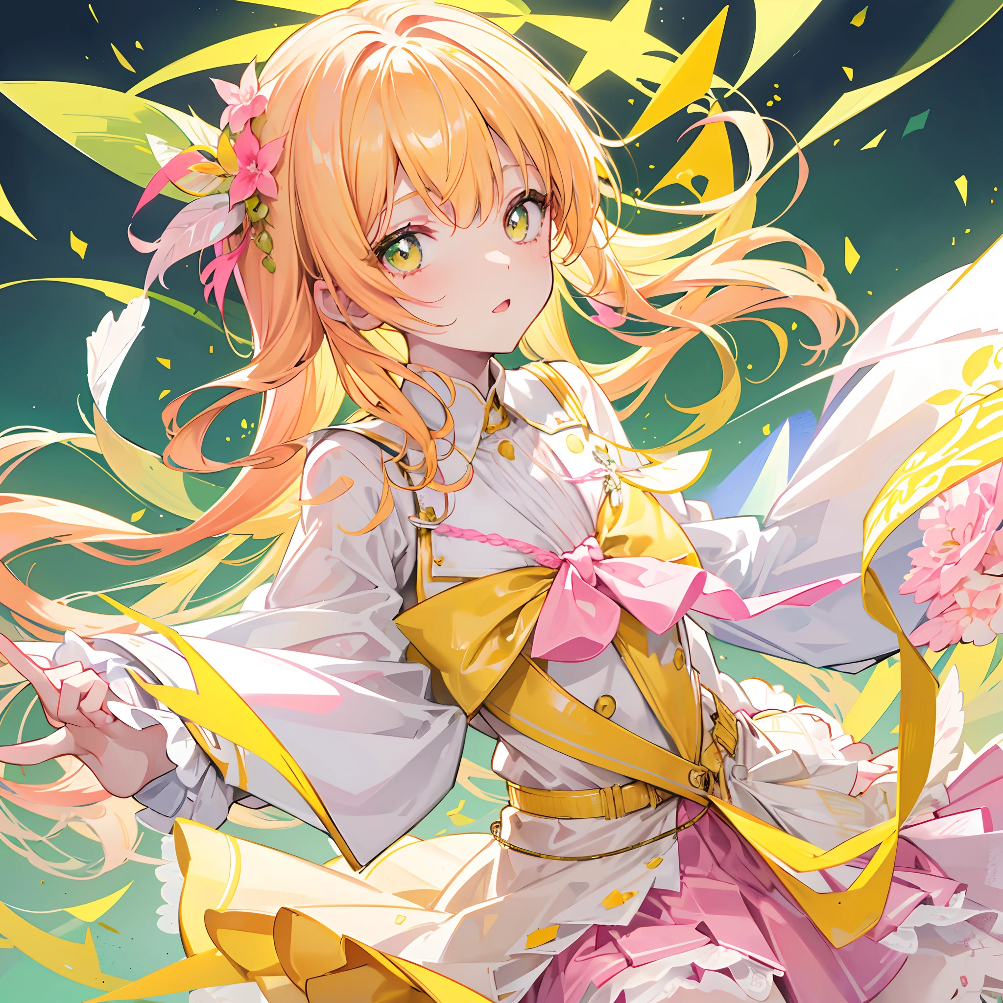 Glowing pale greenish-yellow hair and delicate yellow-green-pink pupils，Glossy，School uniforms in pink, yellow and white，Glowing，Sweet sweet girl girl，The whole is shining，It looks very gentle，The face is moist，Very delicate beauty