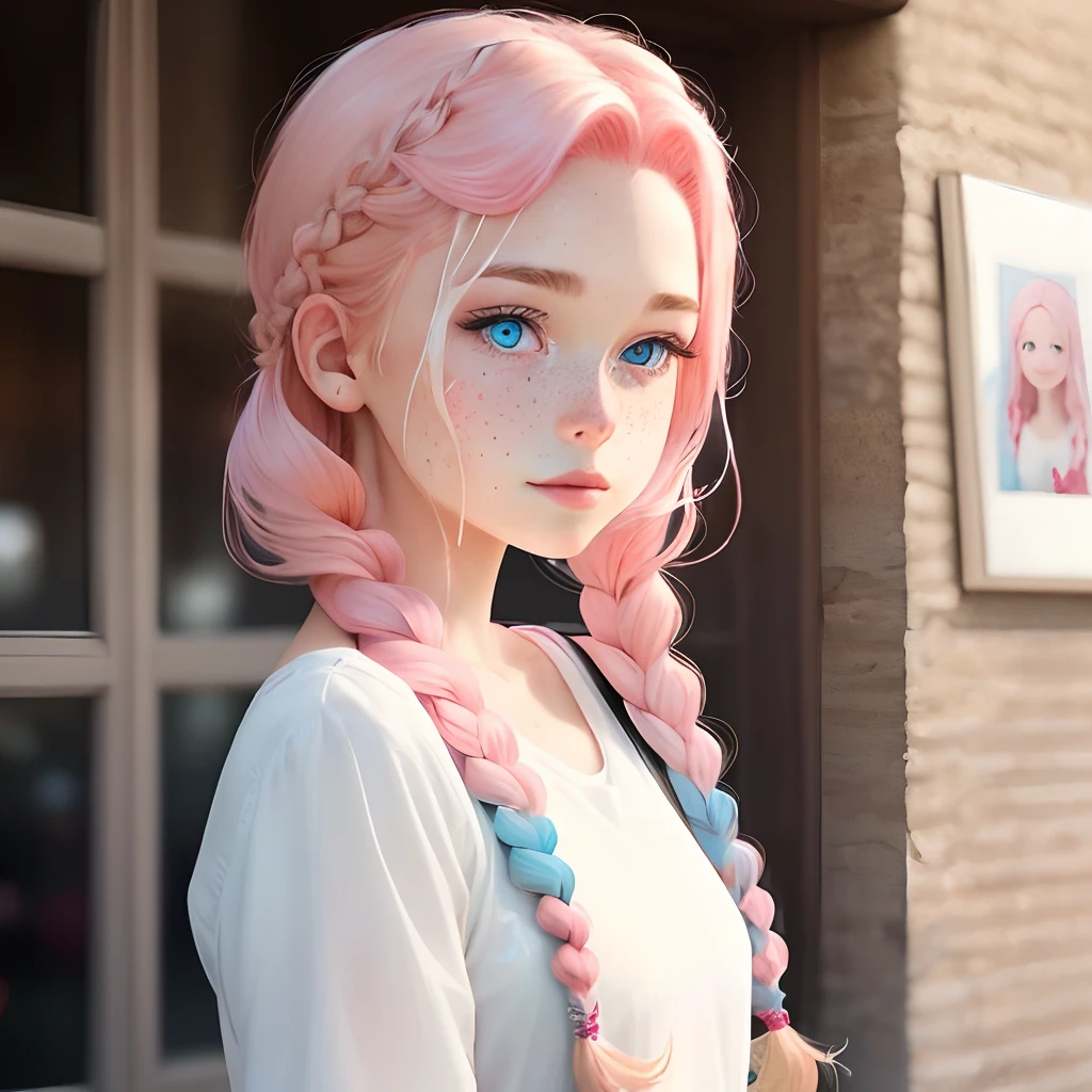 Girl with blonde and pink hair ombre, blue eyes, twin braids, white, freckles, sweet looking