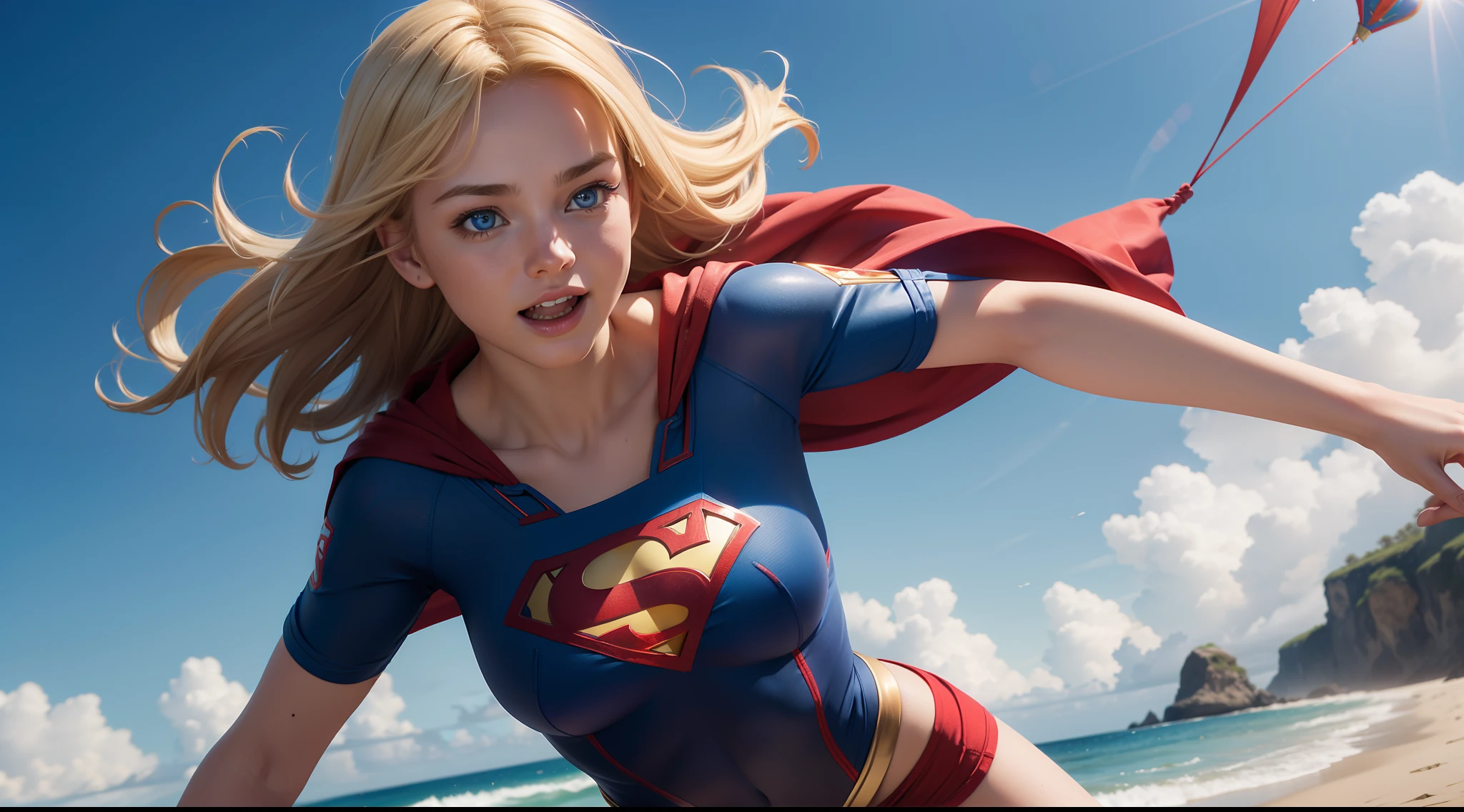 girl with blonde hair and blue eyes, wearing a blue and red bikini with a Superman logo on the chest. She has a red cape around her neck and a pair of red boots. She is flying a kite on a beach with a happy expression and a string in her hand. She is Supergirl. CGI with clear focus, Photorealistic, high detail, Realistic, Masterpiece, absurdress, Best Quality, HDR, hiquality, hight resolution, Extremely detailed, 8k wallpaper, intricate details, 8K UHD, Full-HD, (foto realista:1.2), Contrast, sharp lighting, Cinematic lighting, natural lighting, hard light, Backlighting, Global Illumination, Environment Occlusion