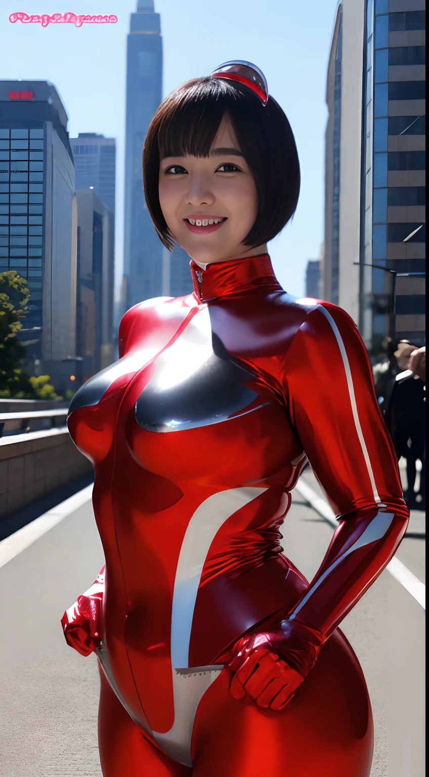 Ultraman、der riese、Height 50 meters、femele、Realistic、realisitic、Cinematic lighting, Glossy suit、Ultraman's Bodysuit、Glossy silver and red suit、professional photograpy、Does not expose the skin, Japanese Models, 、Ultraman、Tight thin cyber suit,whole body rubbery、fleshy body, large boob、 Bulging、big butts、Big belly、Soft looking belly、thick thight、thick arms、Round face、Fat face、chubby cheeks、Sauce order、big eye、Short-haired black hair、frontage、Smile big、A smile、Background of buildings、