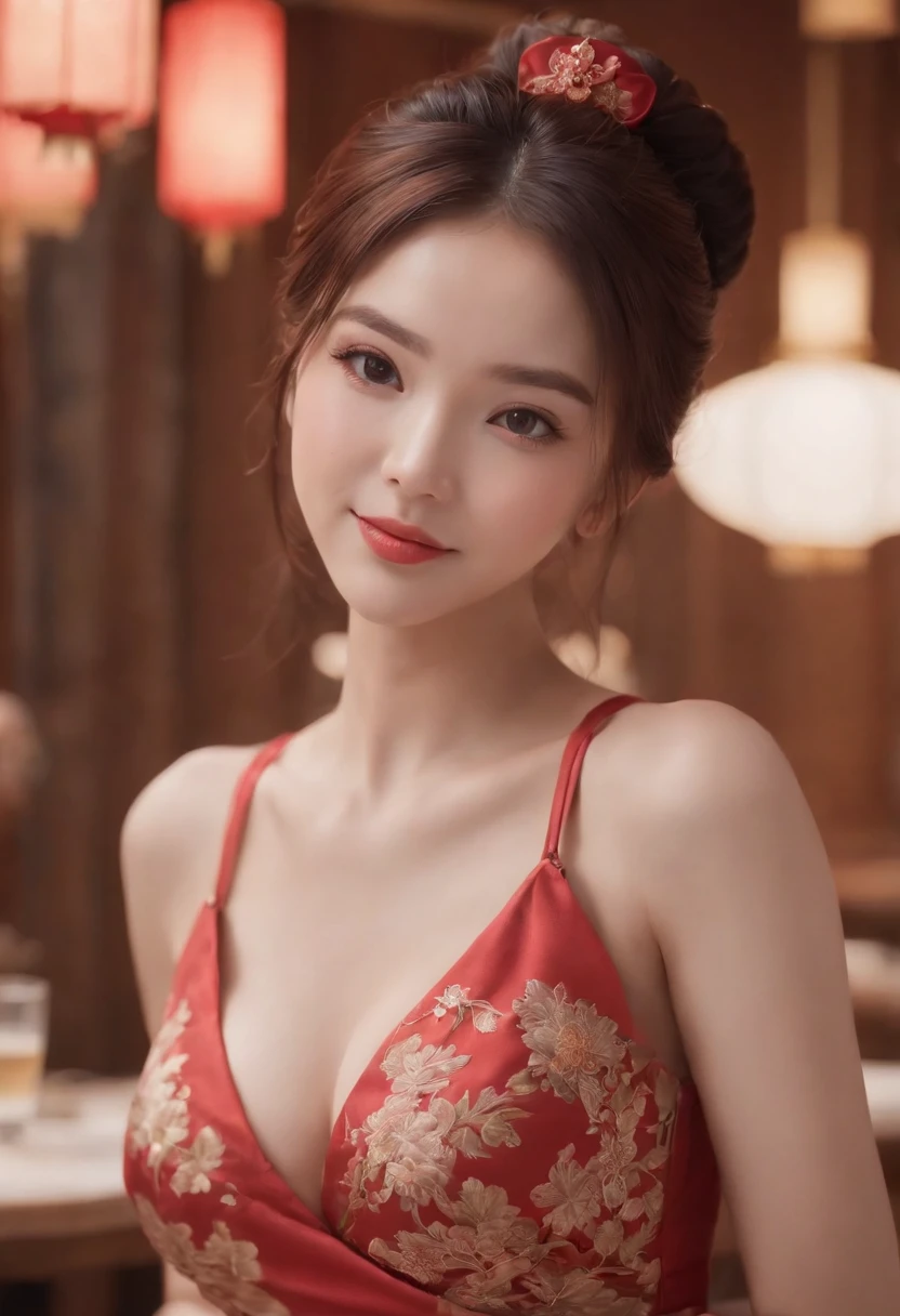 (Best quality,4K,high resolution), The cute illustrations are delicately expressed in realistic details，The girl works energetically，sharp eye，cheerful grin，brunette color hair，Red hair combed into a high bun，Chinese hair，Lively and interesting appearance，comic strip，anime big breast，funny illustration，Be very careful，Sleeveless sexy mini skirt cheongsam，Delicate red décor，Bring Chinese food，chinese restaurant background，Busy