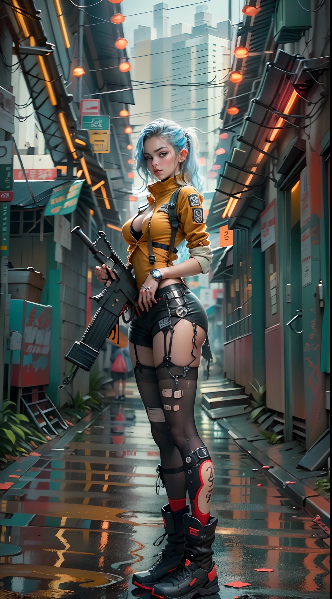 motor irreal:1.4,CG ultra realista 64K, fotorrealista:1.4, textura de la piel:1.4, obra maestra:1.4,posing behind Beautiful woman holding gun, ak-47, assault rifle, kalashnikov rifle, trigger_discipline, low-ready with babydoll lingerie、Ropa corta estilo cyberpunk color amarillo, pantimedias red , Mini falda azul,
